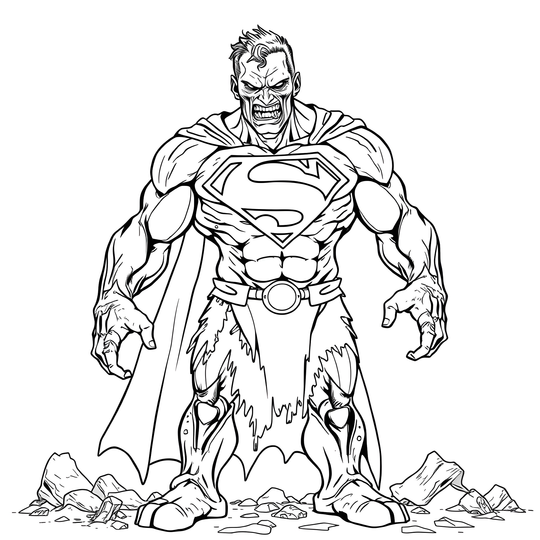 Bizarro Superman in dramatic pose Coloring Page (free black-and-white line drawing printable PDF for all, from beginners to advanced learners, including children, teens, adults, and seniors)