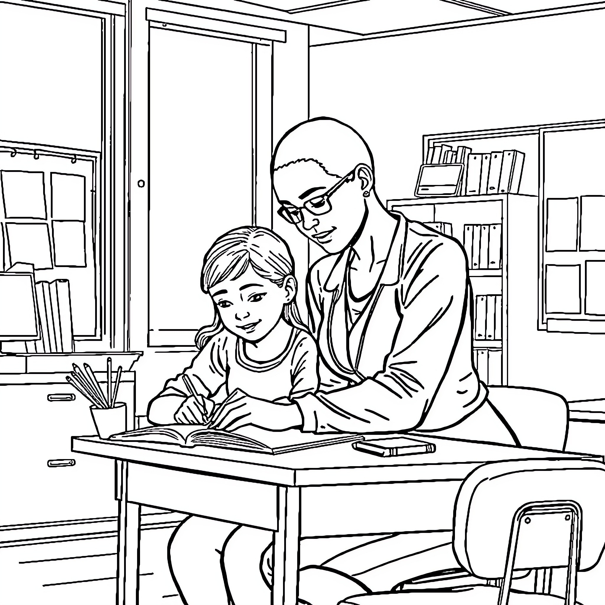 Teacher Assisting Student in Classroom Coloring Page (free black-and-white line drawing printable PDF for all, from beginners to advanced learners, including children, teens, adults, and seniors)