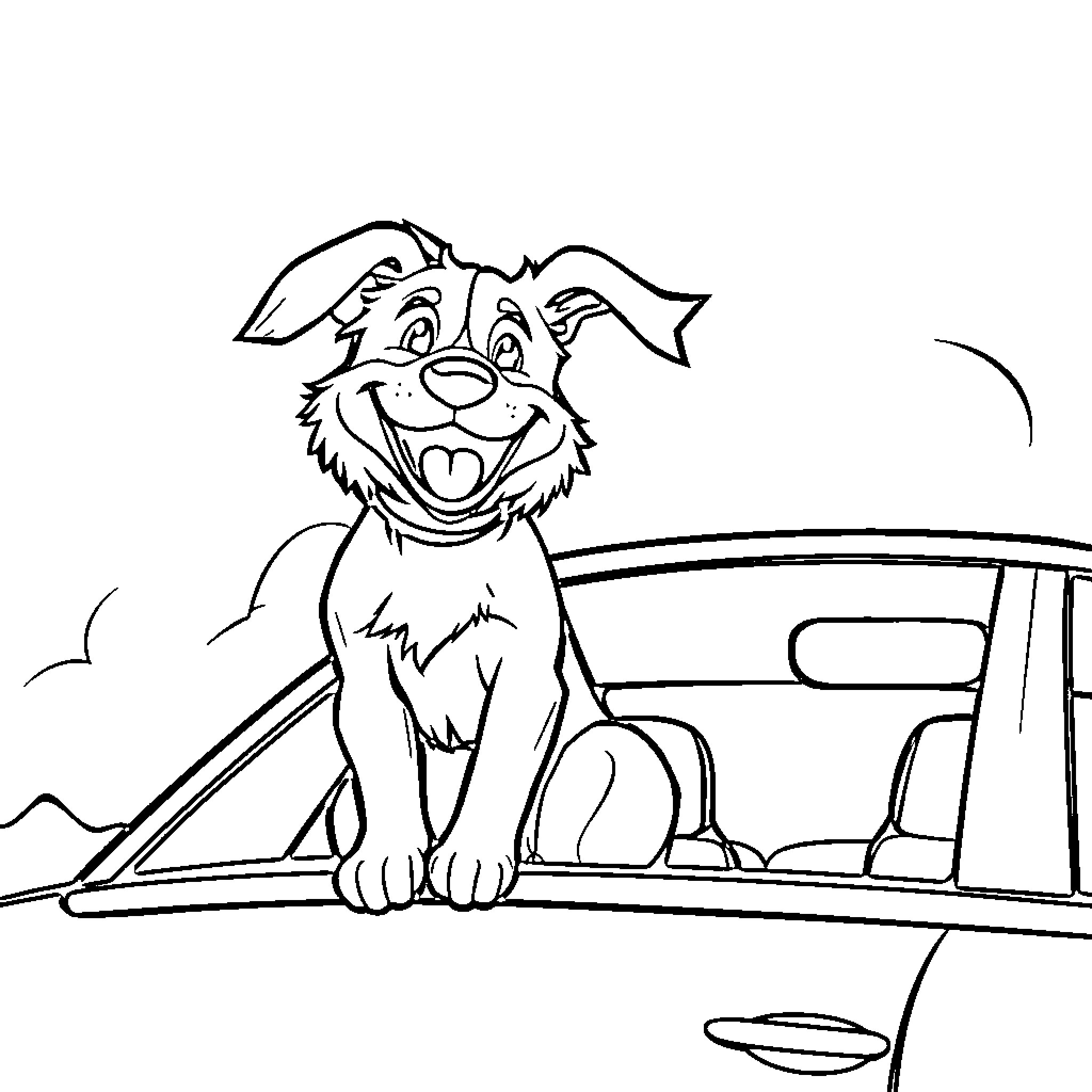 Dog Excitedly Riding in a Car Coloring Page (free black-and-white line drawing printable PDF for all, from beginners to advanced learners, including children, teens, adults, and seniors)