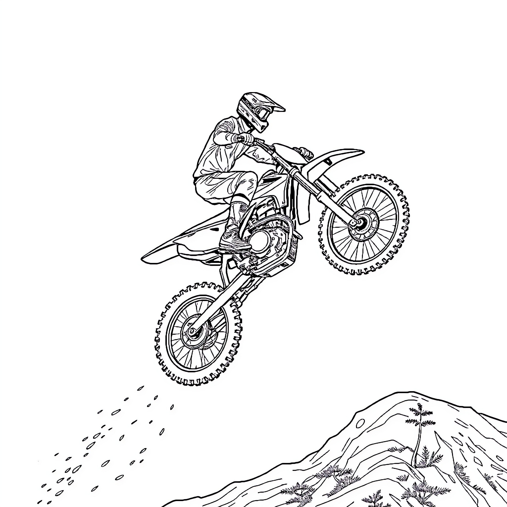 Drz 125 Rider Soaring Over Rugged Terrain Coloring Page (free black-and-white line drawing printable PDF for all, from beginners to advanced learners, including children, teens, adults, and seniors)