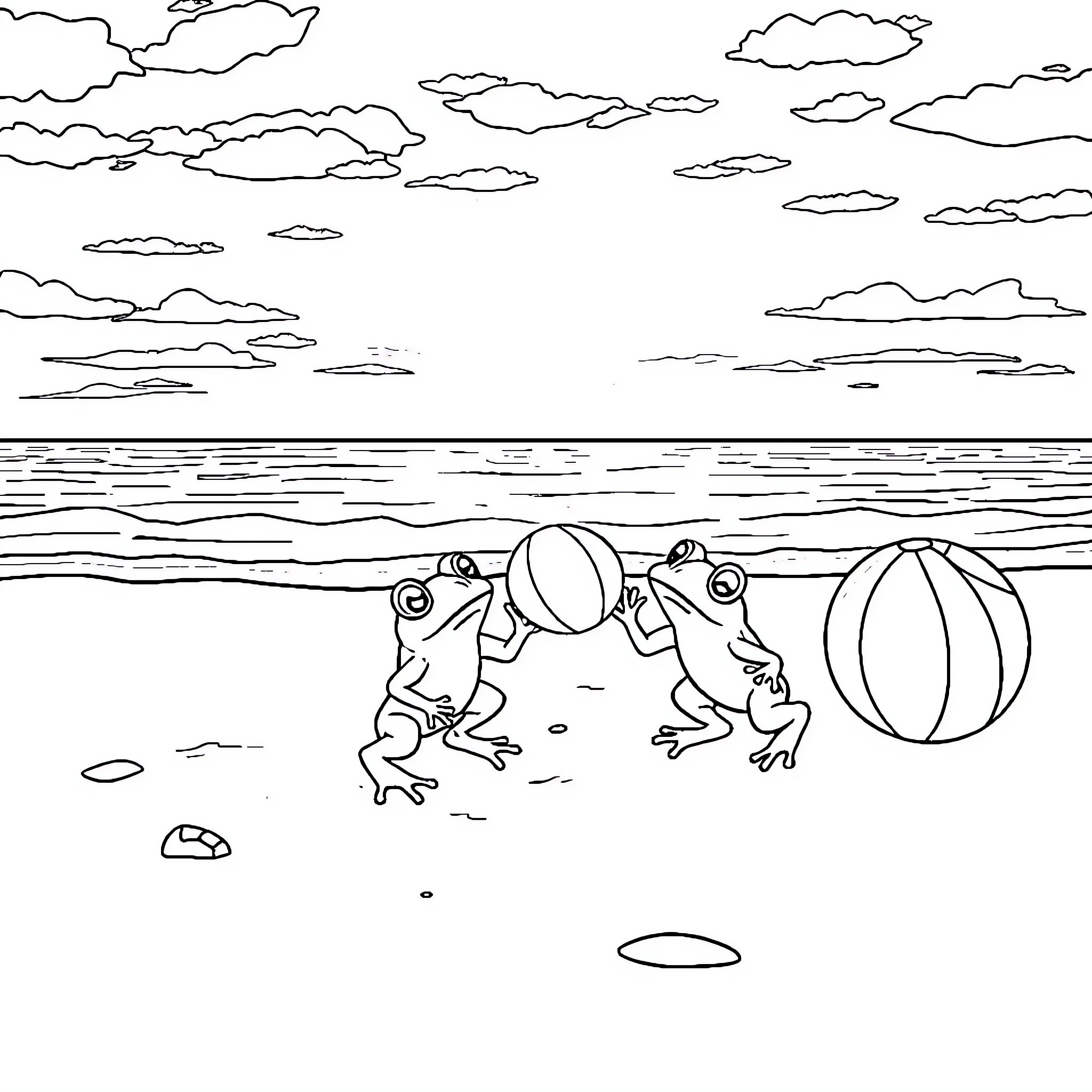 Frogs playing with beach ball on shore Coloring Page (free black-and-white line drawing printable PDF for all, from beginners to advanced learners, including children, teens, adults, and seniors)