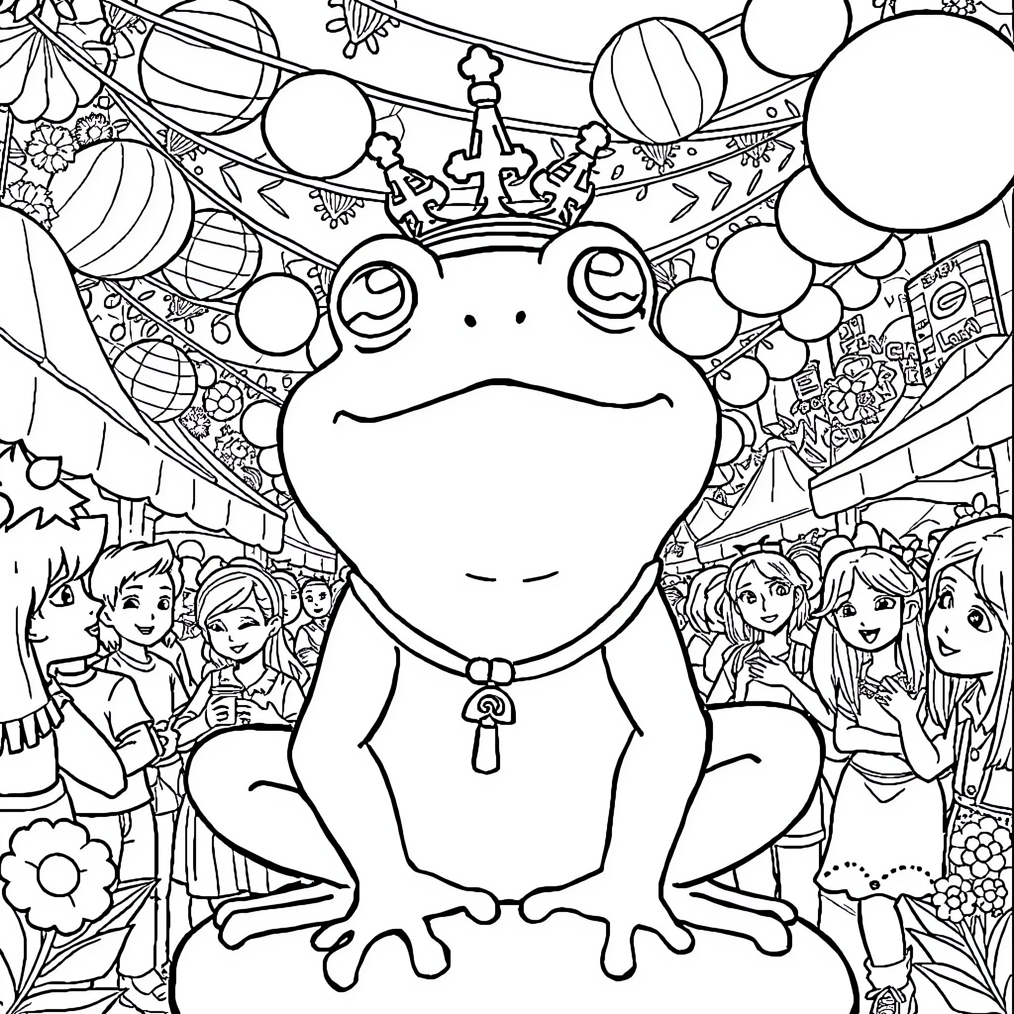 Prince Frog with Decorative Crown and Festive Surroundings Coloring Page (free black-and-white line drawing printable PDF for all, from beginners to advanced learners, including children, teens, adults, and seniors)