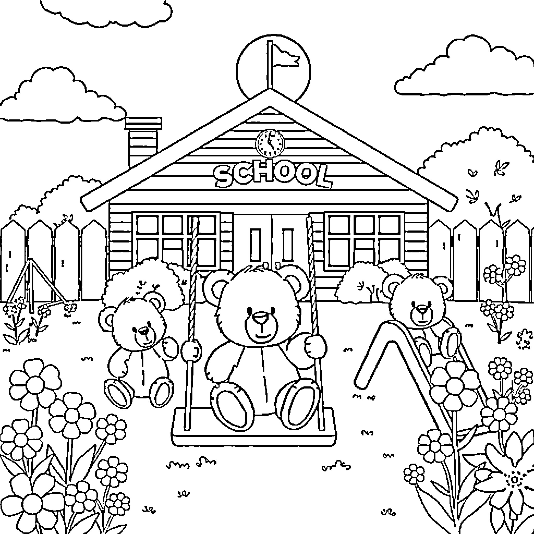 Teddy Bears Playing on the School Playground Coloring Page (free black-and-white line drawing printable PDF for all, from beginners to advanced learners, including children, teens, adults, and seniors)
