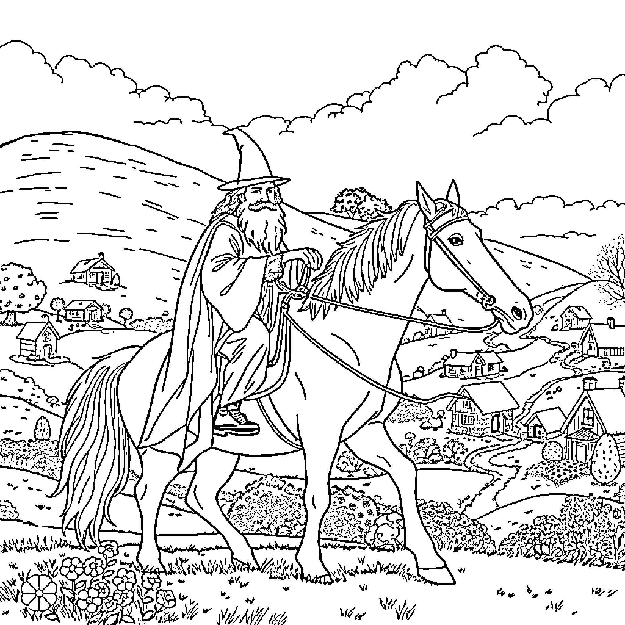 Gandalf the Grey riding his horse in a peaceful countryside Coloring Page (free black-and-white line drawing printable PDF for all, from beginners to advanced learners, including children, teens, adults, and seniors)