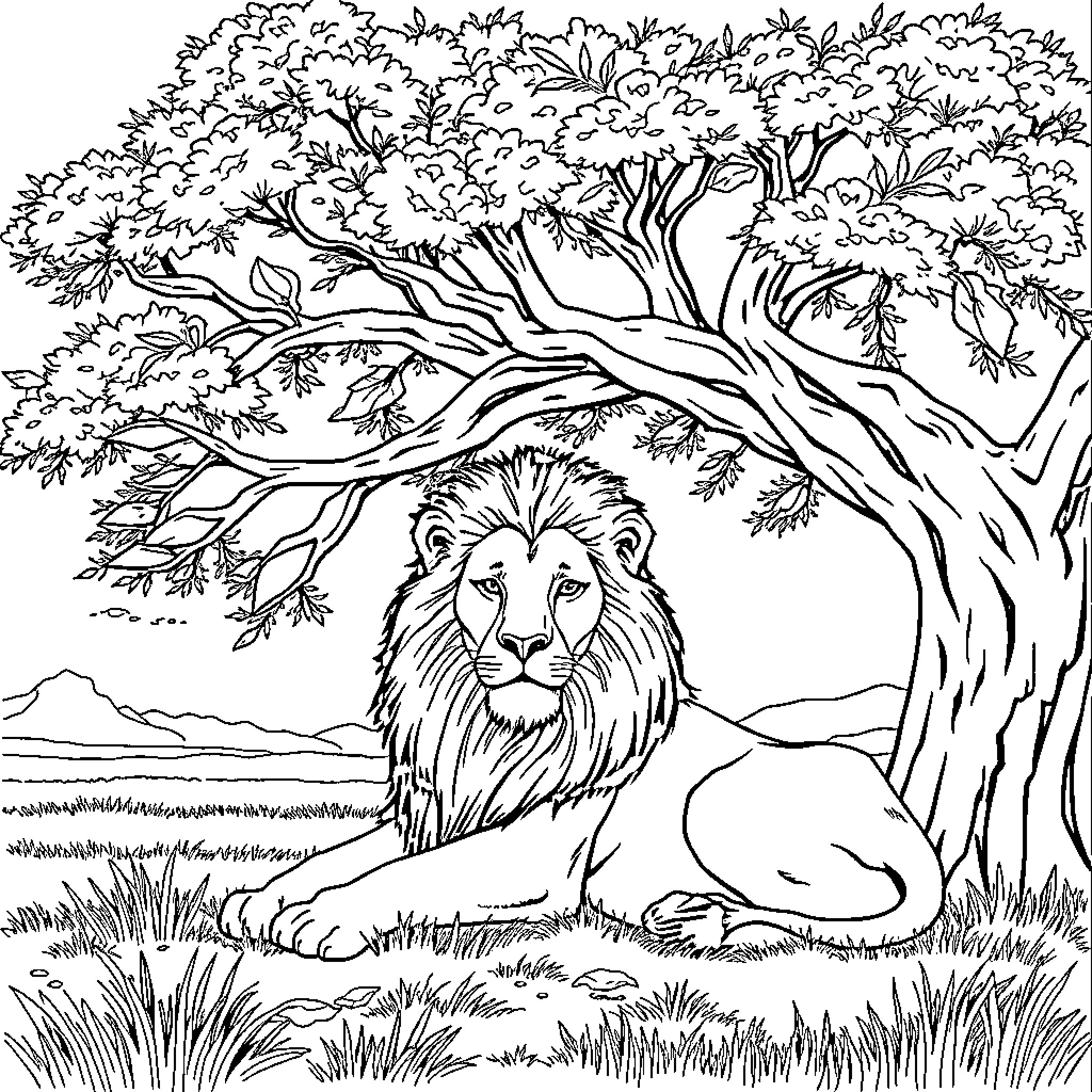 Lion relaxing beneath the shady forest trees Coloring Page (free black-and-white line drawing printable PDF for all, from beginners to advanced learners, including children, teens, adults, and seniors)