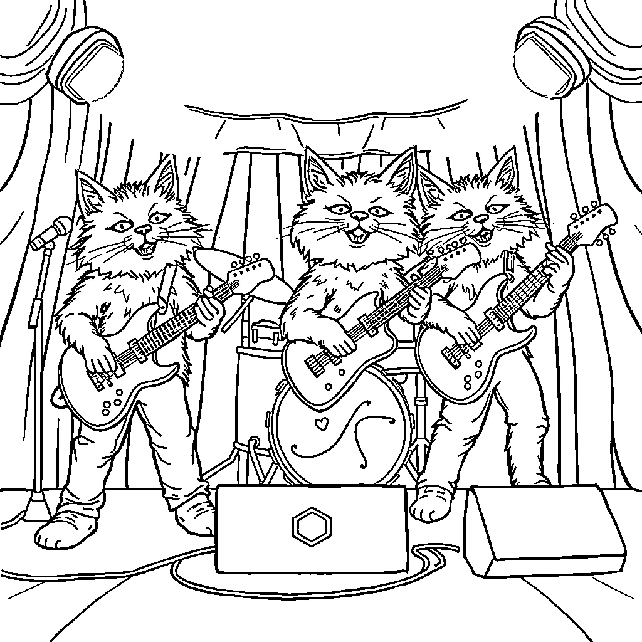 Cat Rock Band Playing Guitars on Stage Coloring Page (free black-and-white line drawing printable PDF for all, from beginners to advanced learners, including children, teens, adults, and seniors)