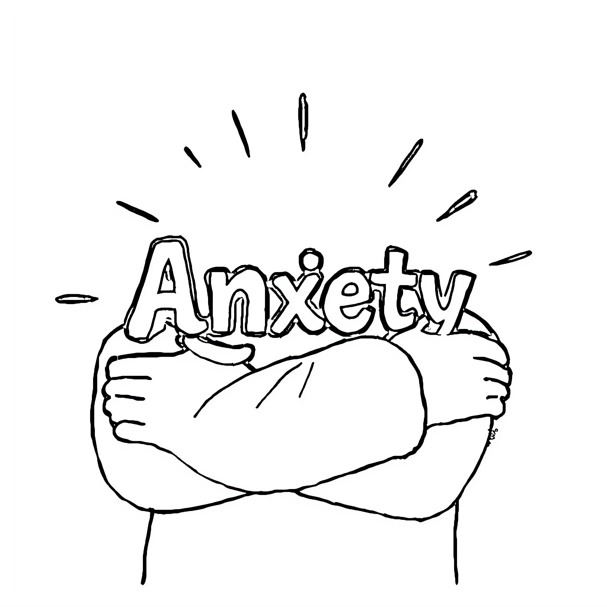Anxiety Gripping Figure with Crossed Arms Coloring Page (free black-and-white line drawing printable PDF for all, from beginners to advanced learners, including children, teens, adults, and seniors)