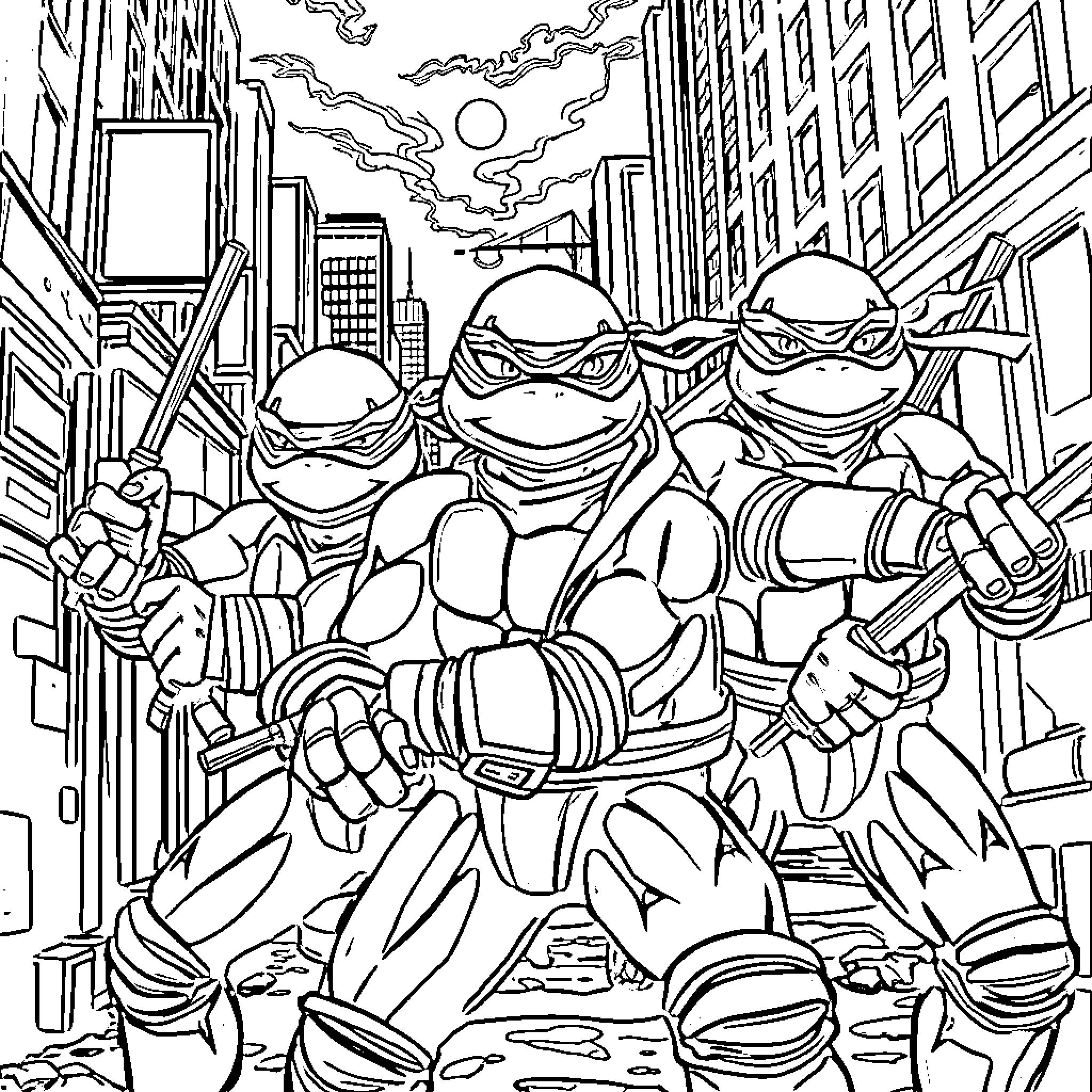 Teenage Mutant Ninja Turtles fight crime in the city Coloring Page (free black-and-white line drawing printable PDF for all, from beginners to advanced learners, including children, teens, adults, and seniors)