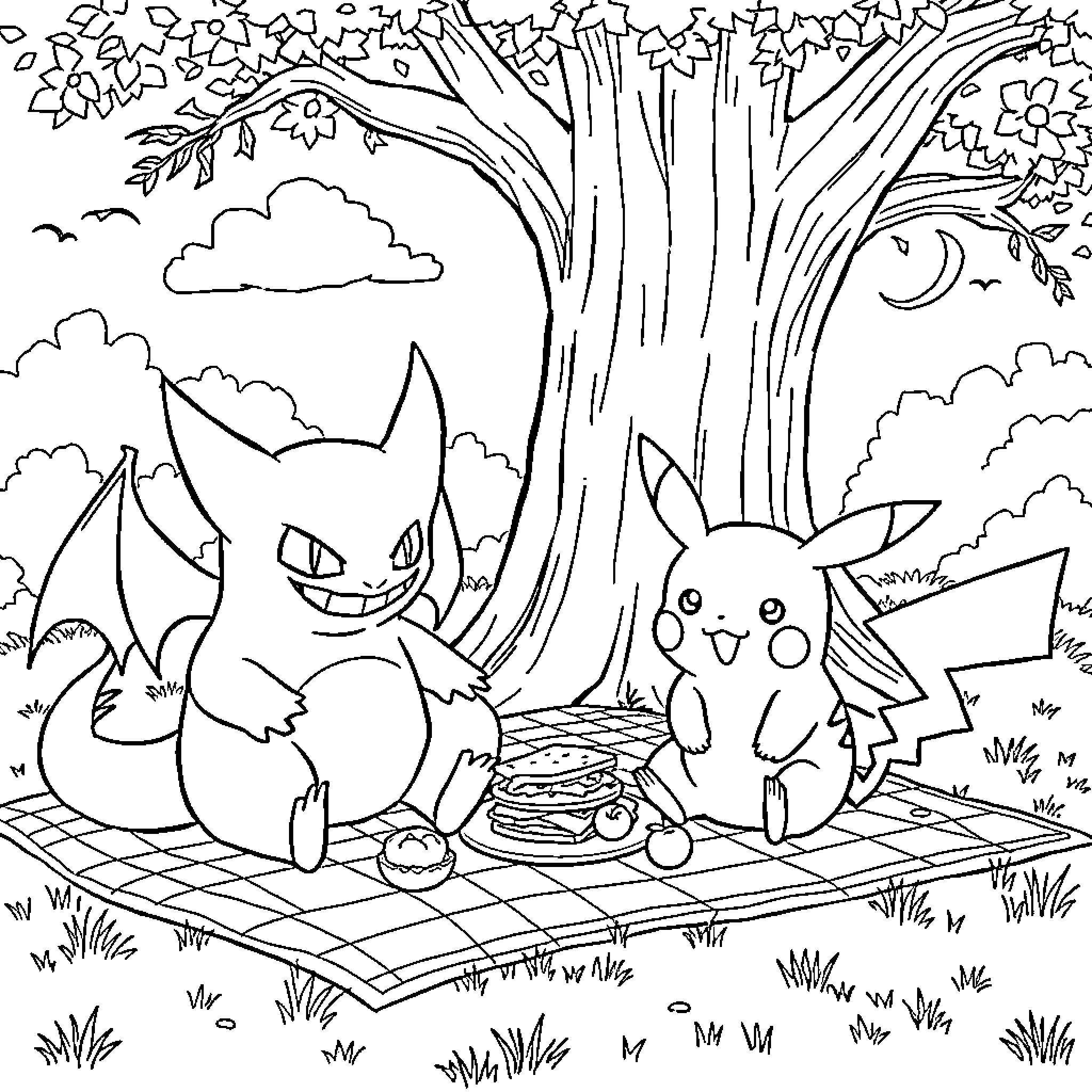 Gengar and Pikachu playing in the forest Coloring Page (free black-and-white line drawing printable PDF for all, from beginners to advanced learners, including children, teens, adults, and seniors)