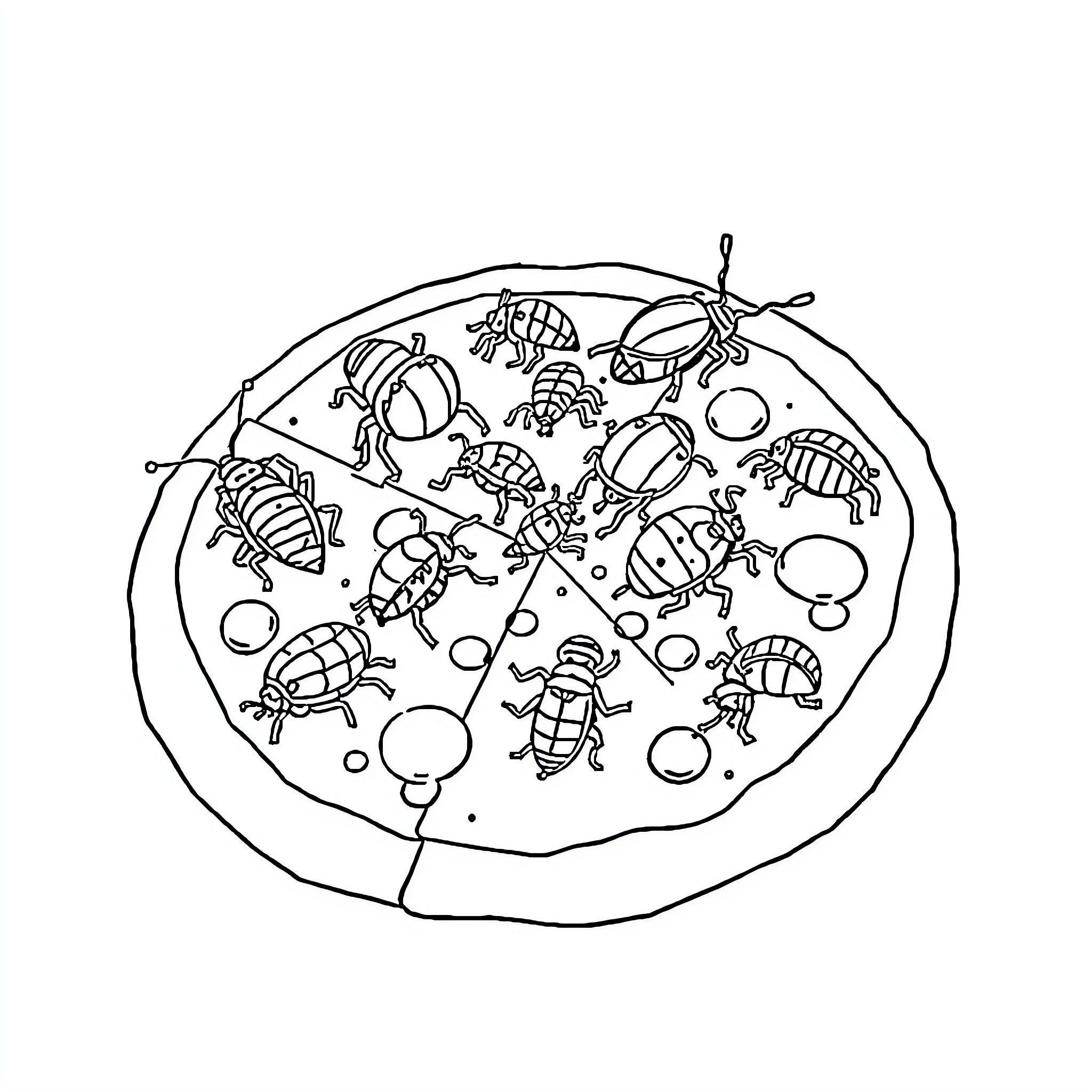 Pizza with whimsical insect toppings Coloring Page (free black-and-white line drawing printable PDF for all, from beginners to advanced learners, including children, teens, adults, and seniors)