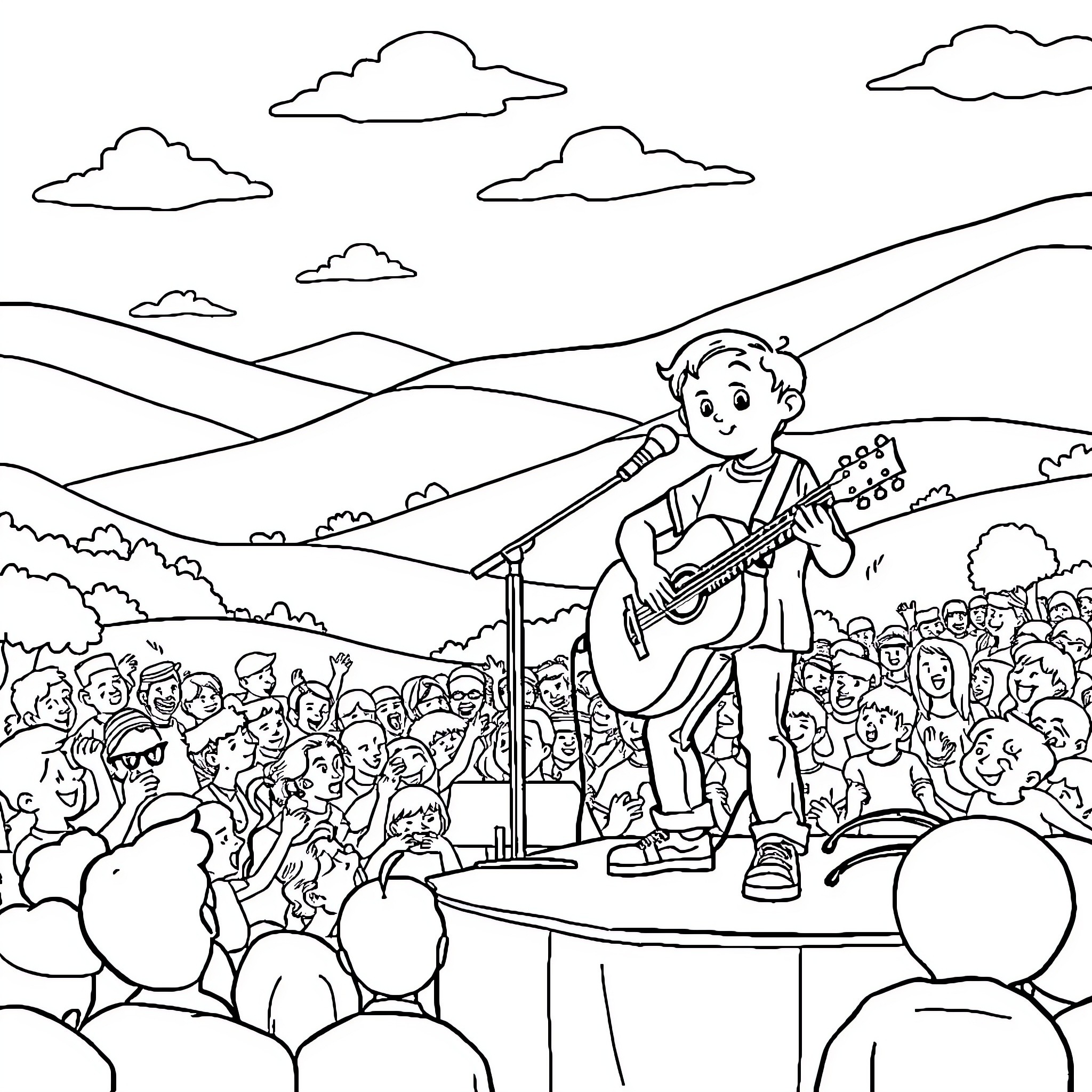 Boy performing music on stage for crowd Coloring Page (free black-and-white line drawing printable PDF for all, from beginners to advanced learners, including children, teens, adults, and seniors)