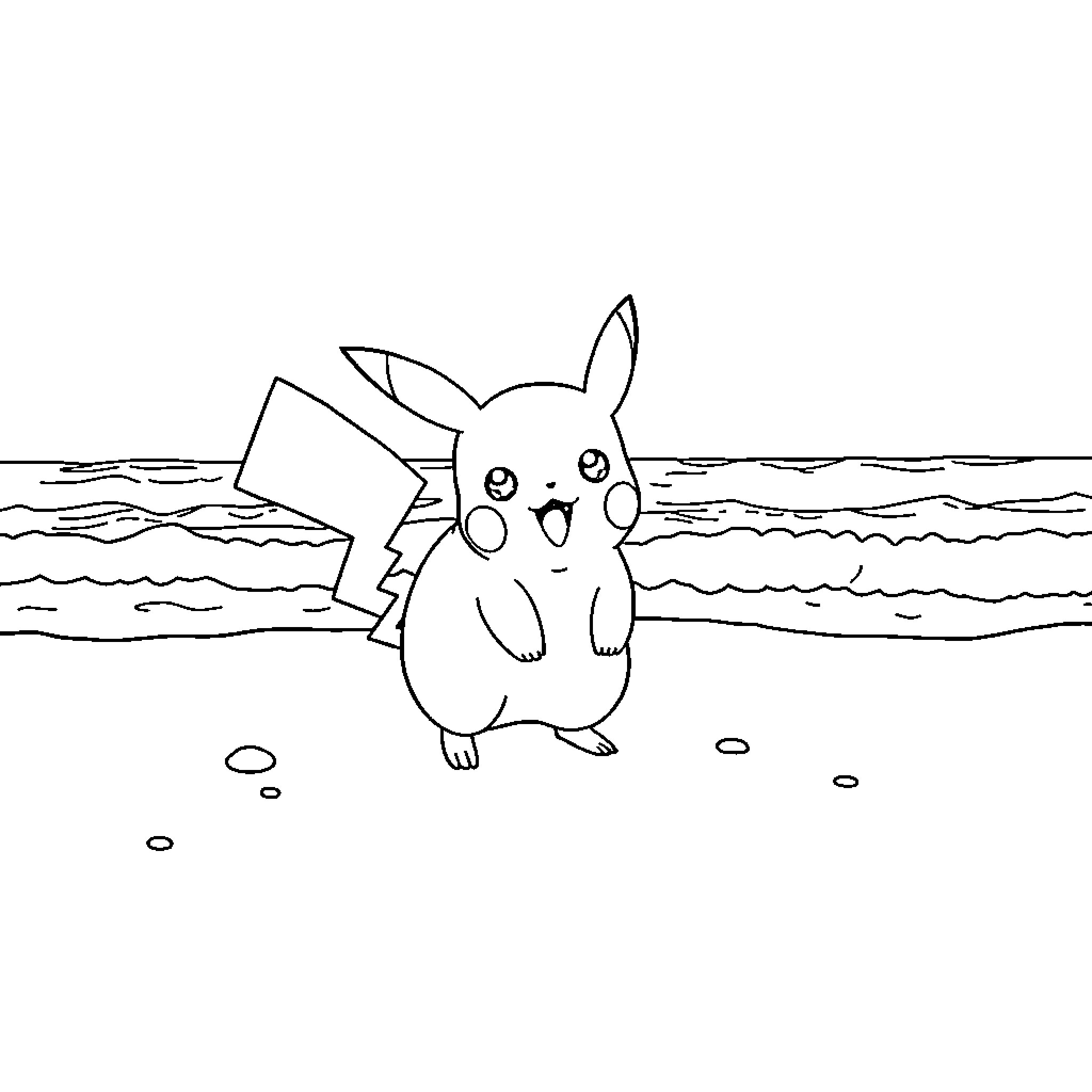 Pikachu playing happily on the beach Coloring Page (free black-and-white line drawing printable PDF for all, from beginners to advanced learners, including children, teens, adults, and seniors)