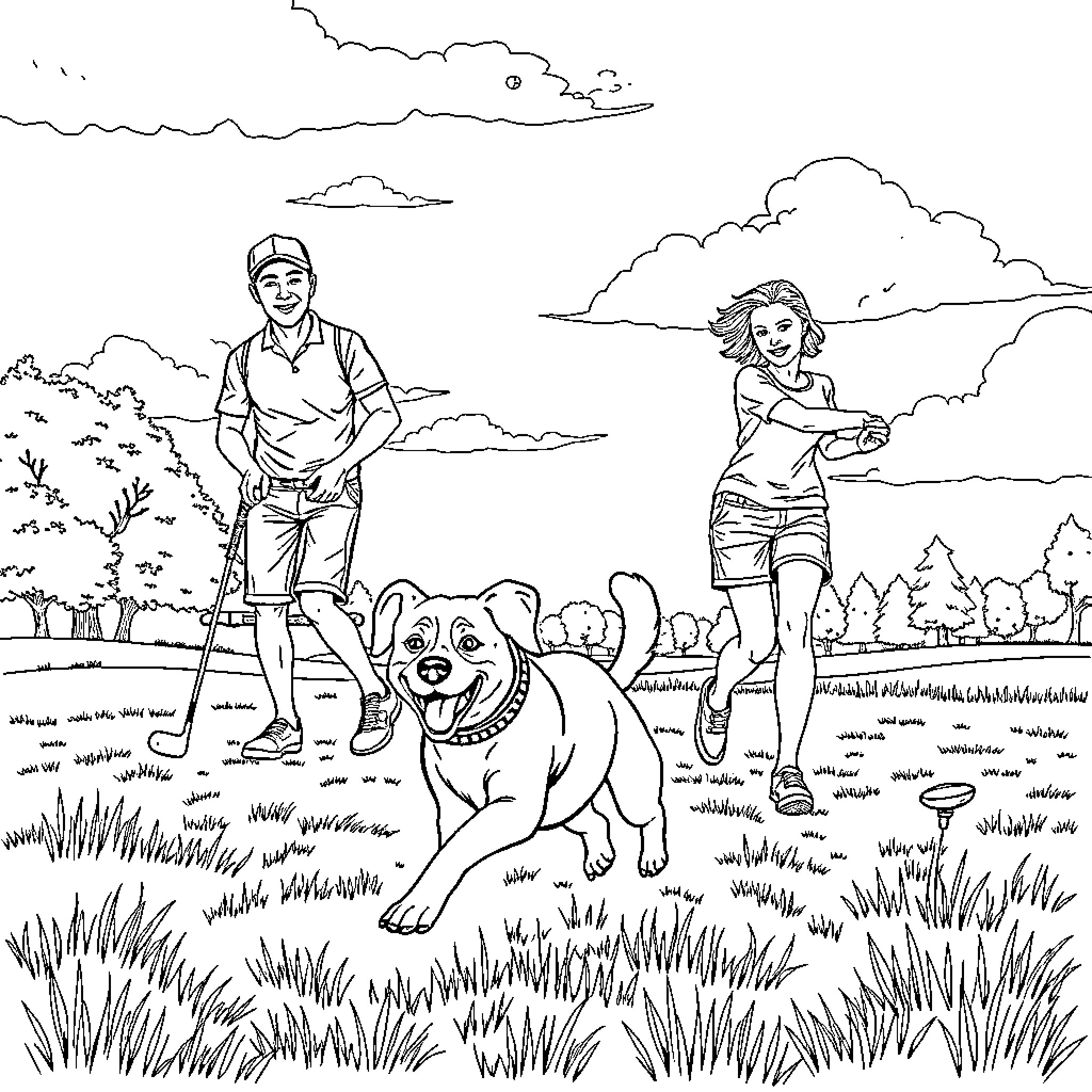 Dog enjoys outdoor adventure with owners Coloring Page (free black-and-white line drawing printable PDF for all, from beginners to advanced learners, including children, teens, adults, and seniors)
