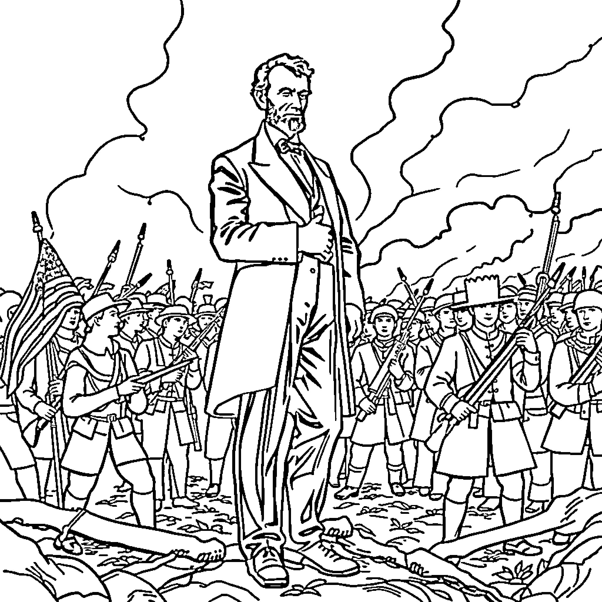 Abraham Lincoln addressing a Civil War-era crowd Coloring Page (free black-and-white line drawing printable PDF for all, from beginners to advanced learners, including children, teens, adults, and seniors)