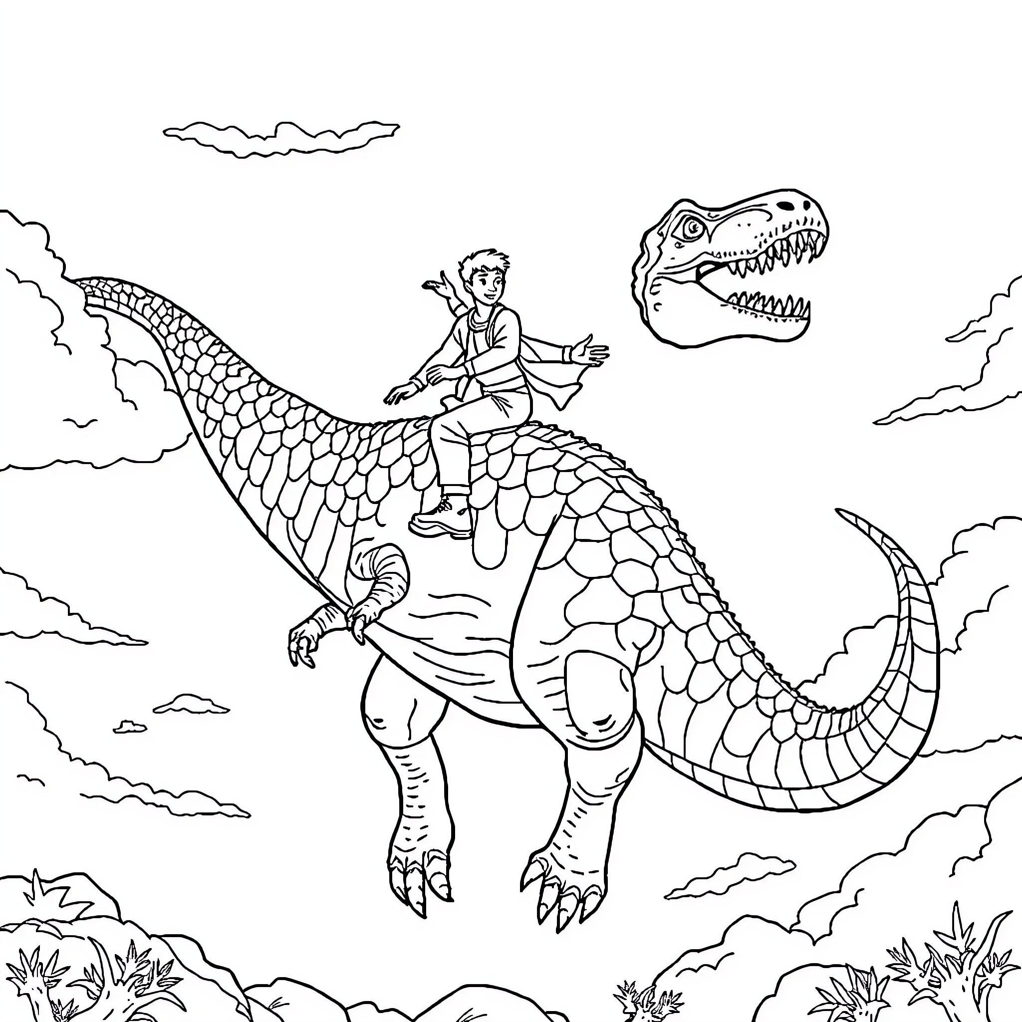 Man riding on a giant dinosaur in the wilderness Coloring Page (free black-and-white line drawing printable PDF for all, from beginners to advanced learners, including children, teens, adults, and seniors)