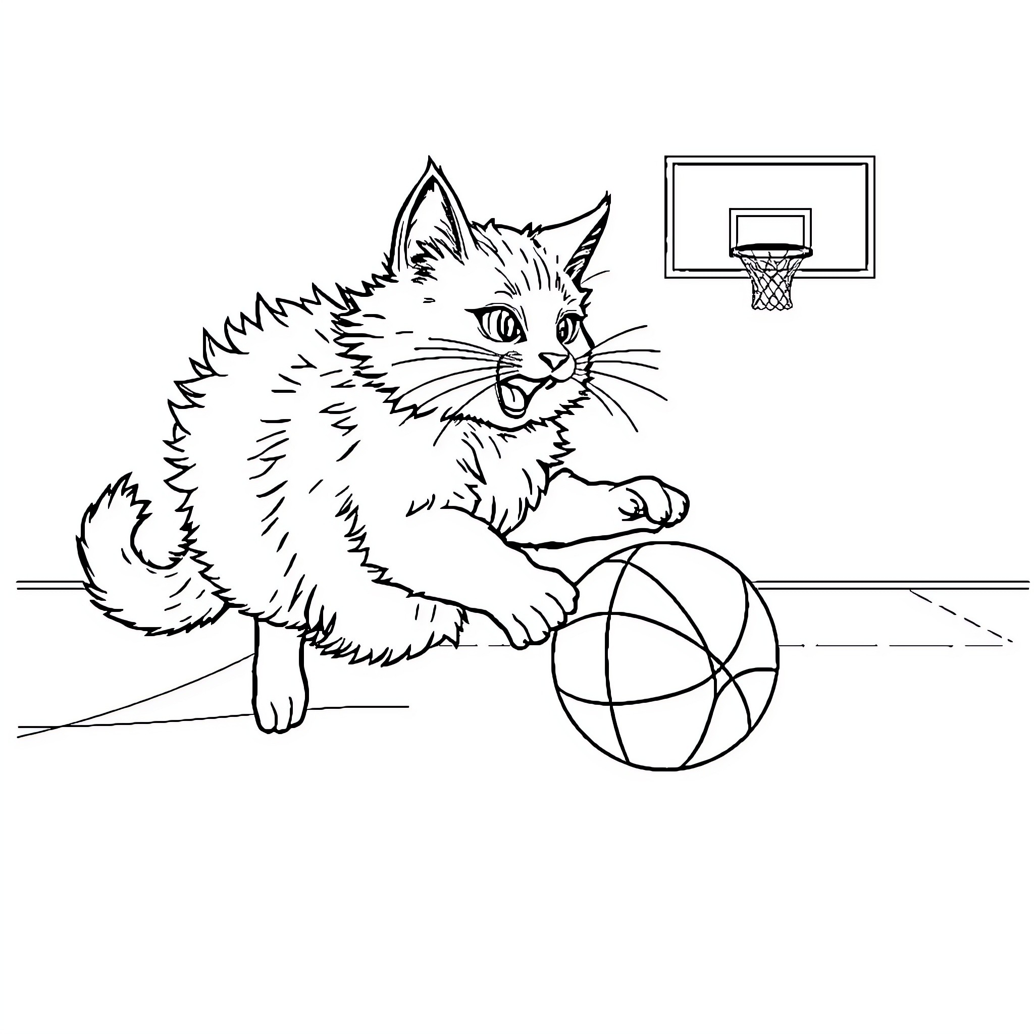 Cat playing with basketball indoors Coloring Page (free black-and-white line drawing printable PDF for all, from beginners to advanced learners, including children, teens, adults, and seniors)