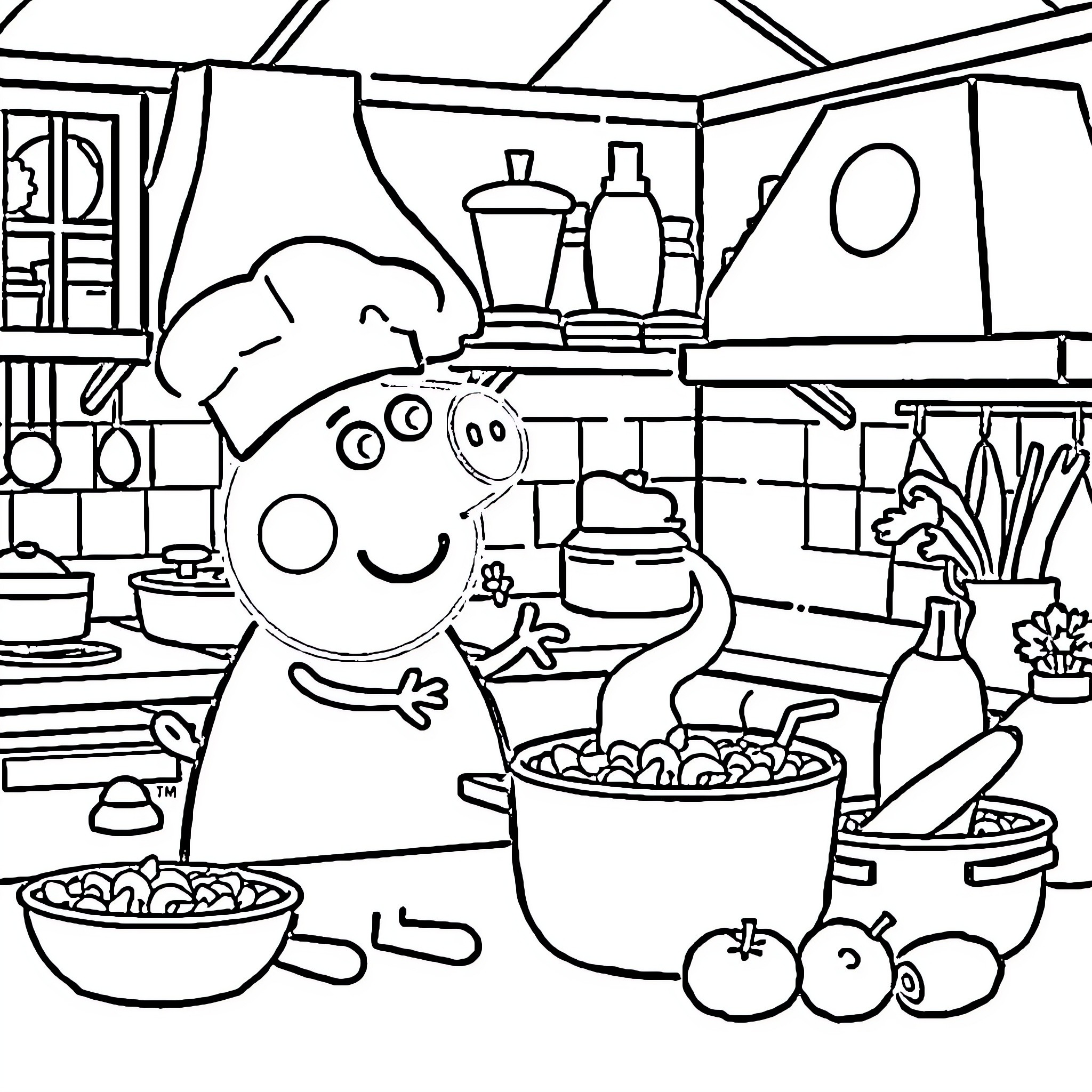 Peppa Pig enjoying cooking in the kitchen Coloring Page (free black-and-white line drawing printable PDF for all, from beginners to advanced learners, including children, teens, adults, and seniors)