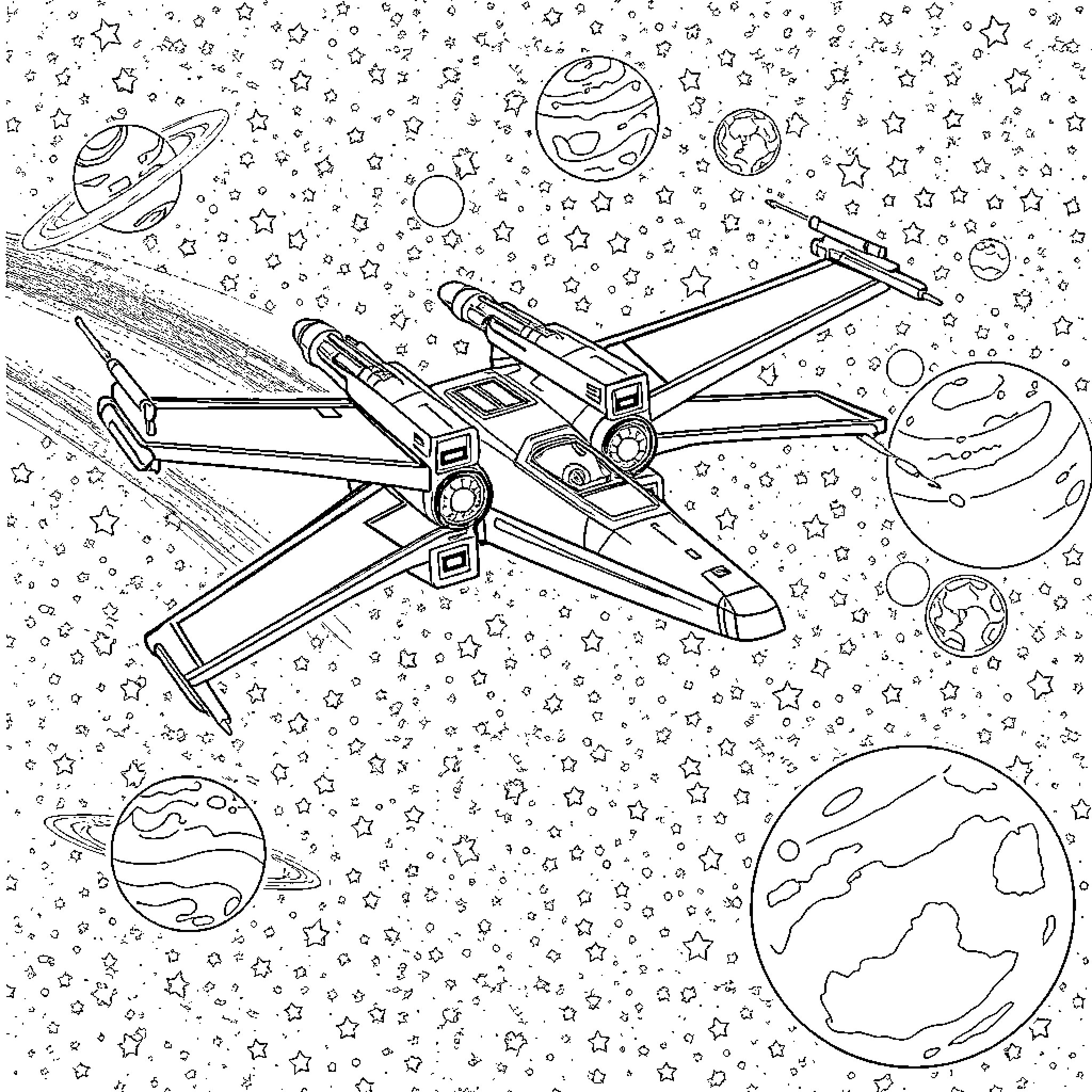 X-Wing Starfighter Soaring Through Cosmic Splendor Coloring Page (free black-and-white line drawing printable PDF for all, from beginners to advanced learners, including children, teens, adults, and seniors)