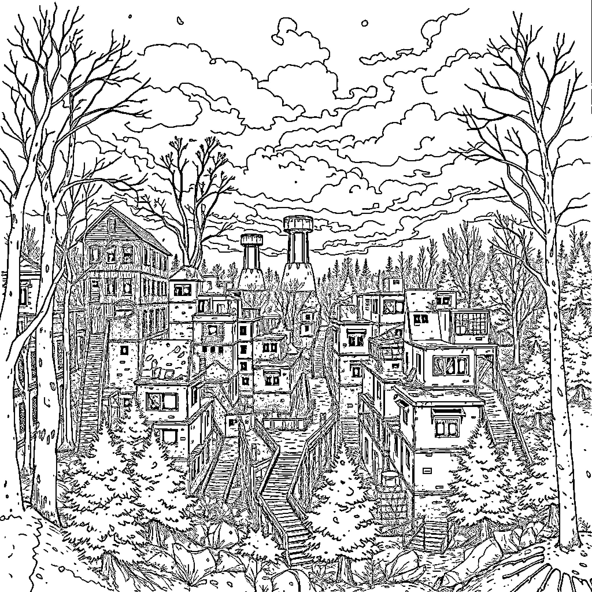 Chernobyl - Desolate Ruins and Abandoned Landscape Coloring Page (free black-and-white line drawing printable PDF for all, from beginners to advanced learners, including children, teens, adults, and seniors)