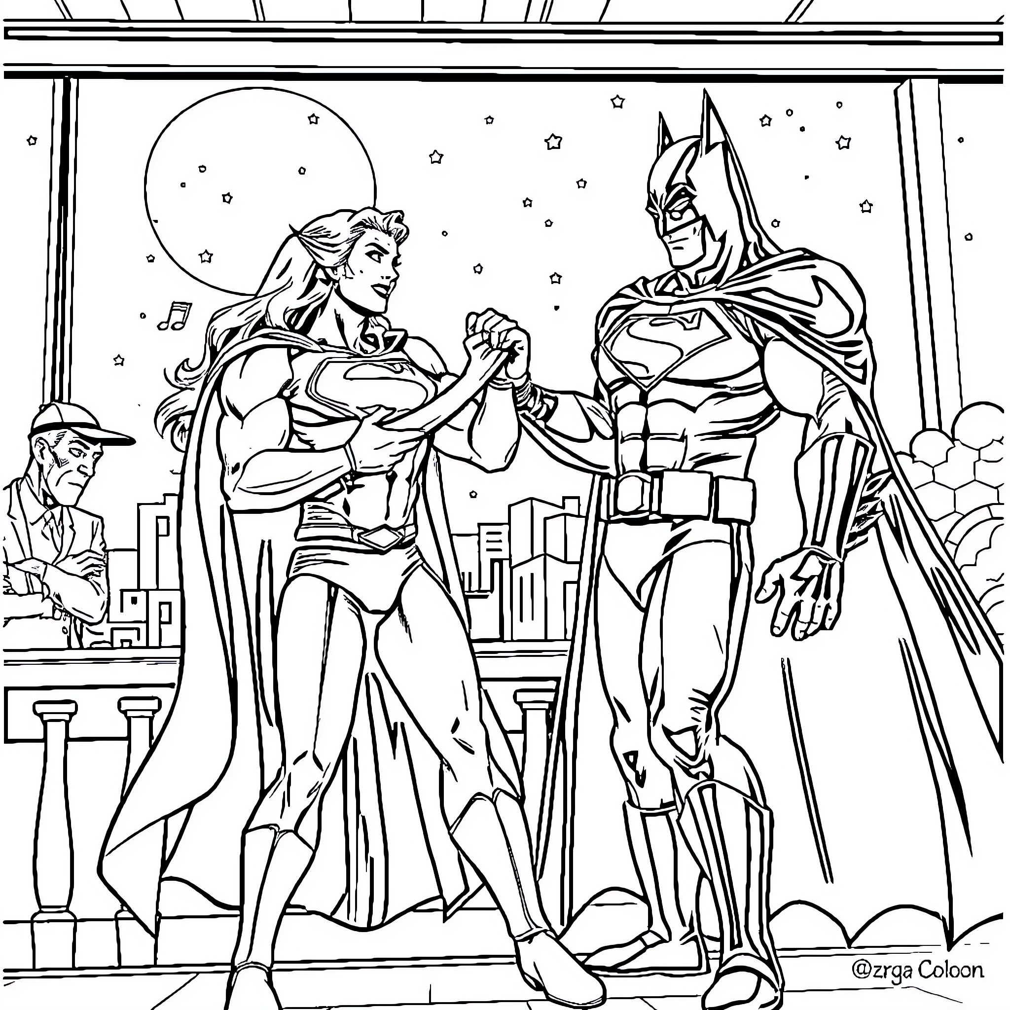 Superman and Batman in heroic poses Coloring Page (free black-and-white line drawing printable PDF for all, from beginners to advanced learners, including children, teens, adults, and seniors)