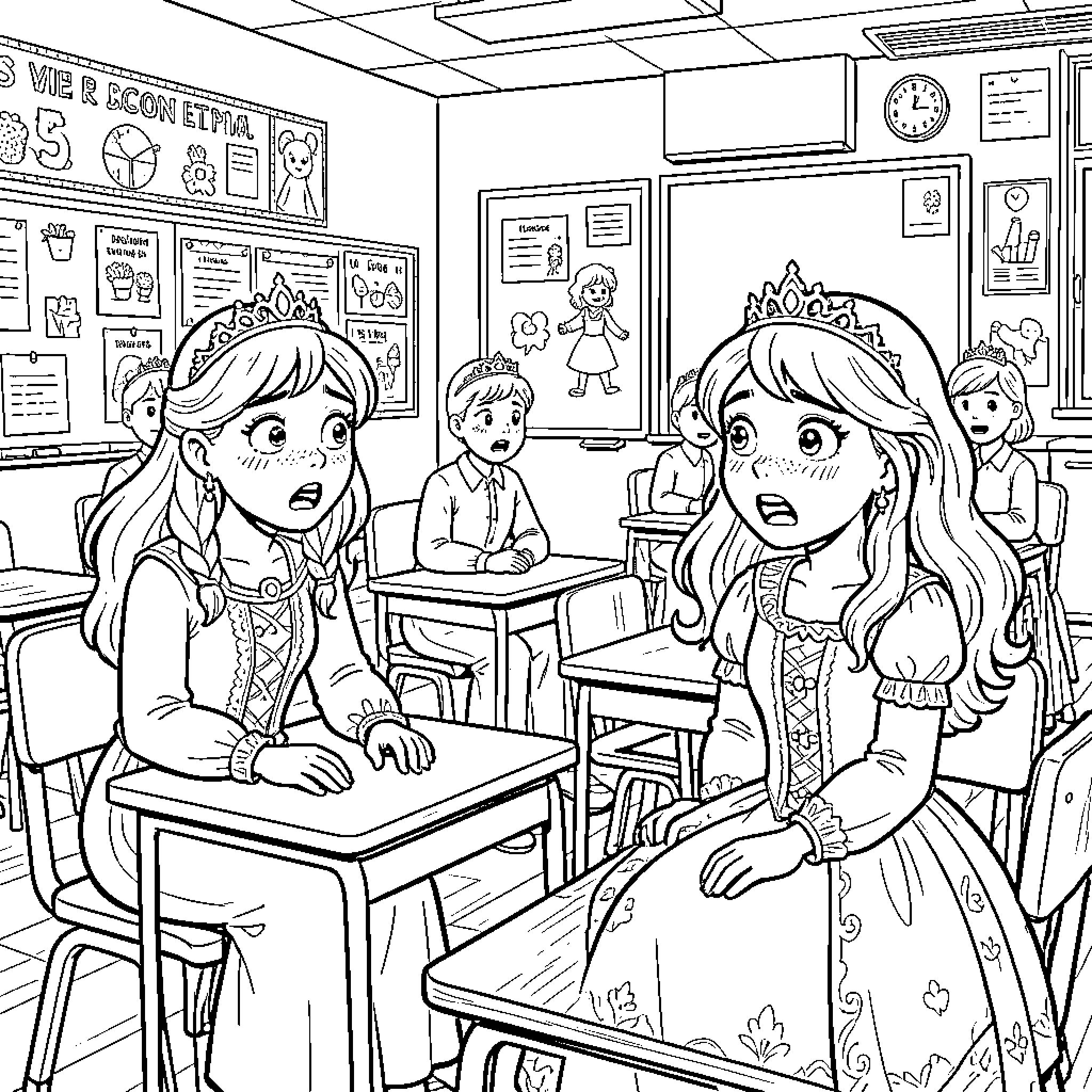 Prince and princesses looking surprised in a classroom Coloring Page (free black-and-white line drawing printable PDF for all, from beginners to advanced learners, including children, teens, adults, and seniors)