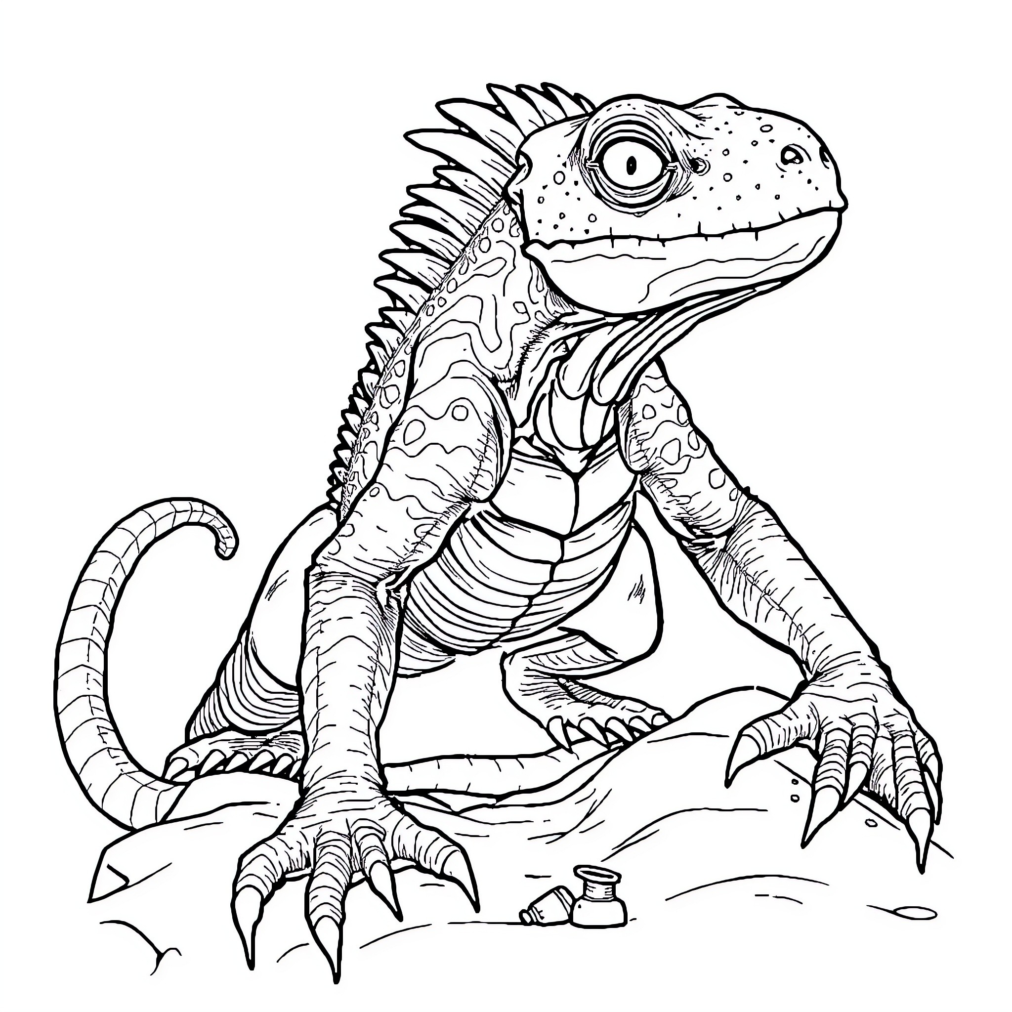 Alien Iguana Lounging Curiously Coloring Page (free black-and-white line drawing printable PDF for all, from beginners to advanced learners, including children, teens, adults, and seniors)