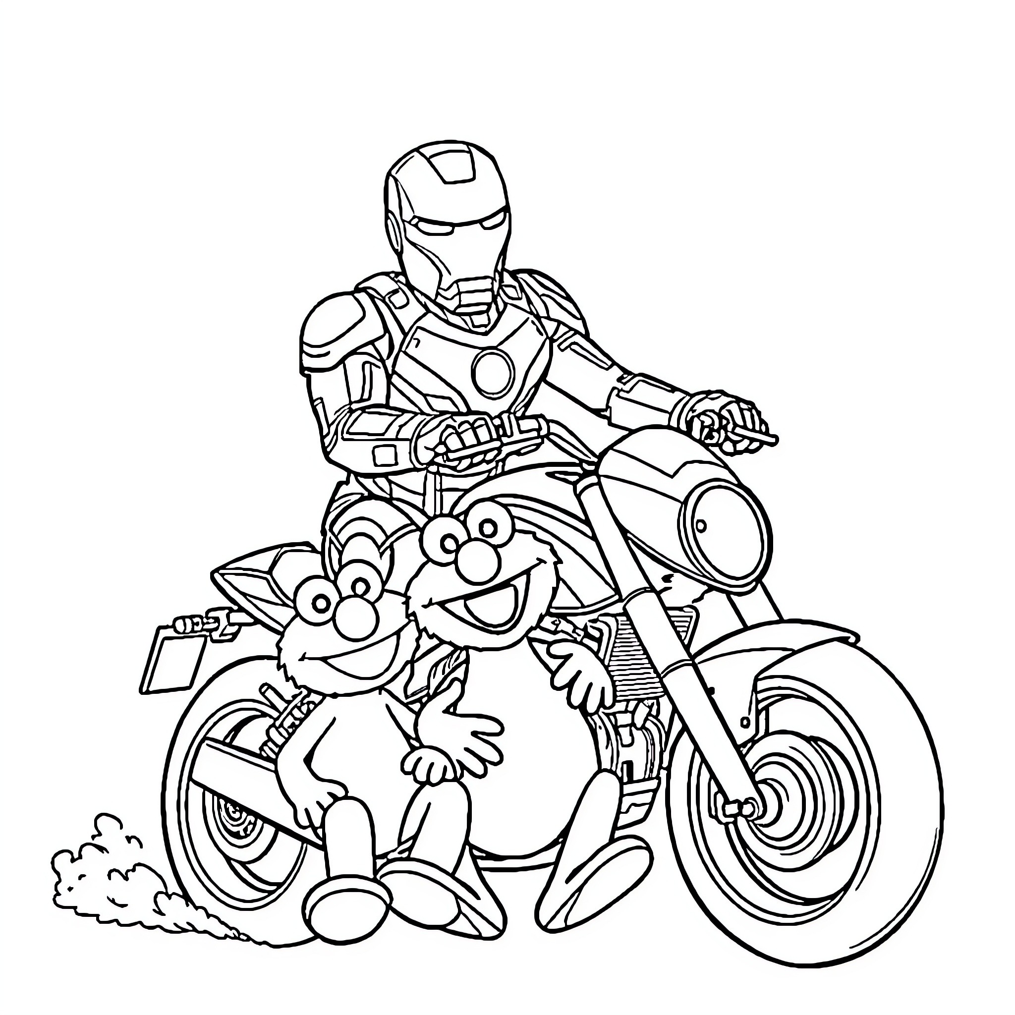 Ironman riding motorcycle with Muppet companions Coloring Page (free black-and-white line drawing printable PDF for all, from beginners to advanced learners, including children, teens, adults, and seniors)