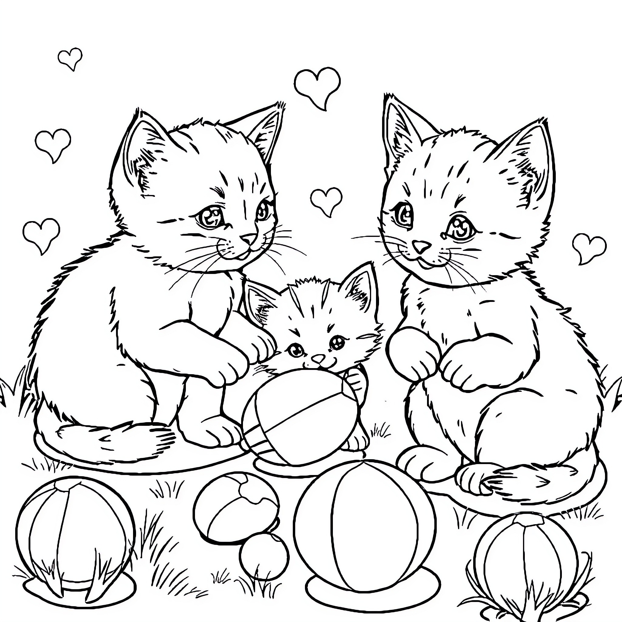 Cat Family Playing Happily with Toys Coloring Page (free black-and-white line drawing printable PDF for all, from beginners to advanced learners, including children, teens, adults, and seniors)