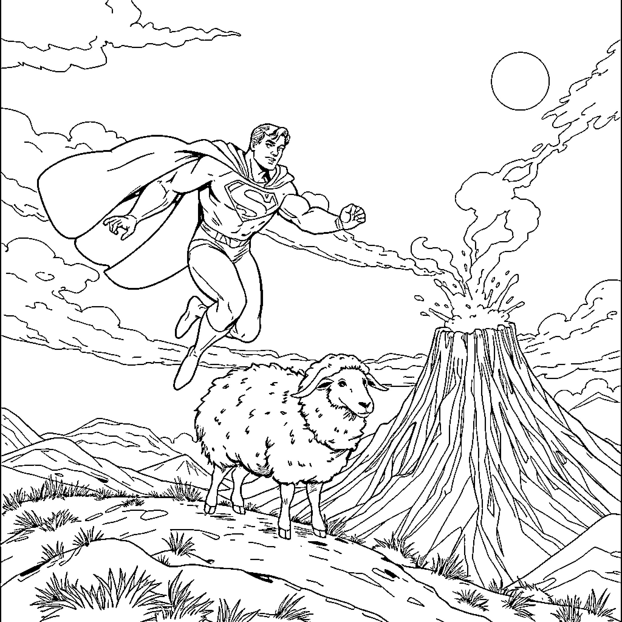Superman soaring over a volcanic landscape with sheep Coloring Page (free black-and-white line drawing printable PDF for all, from beginners to advanced learners, including children, teens, adults, and seniors)