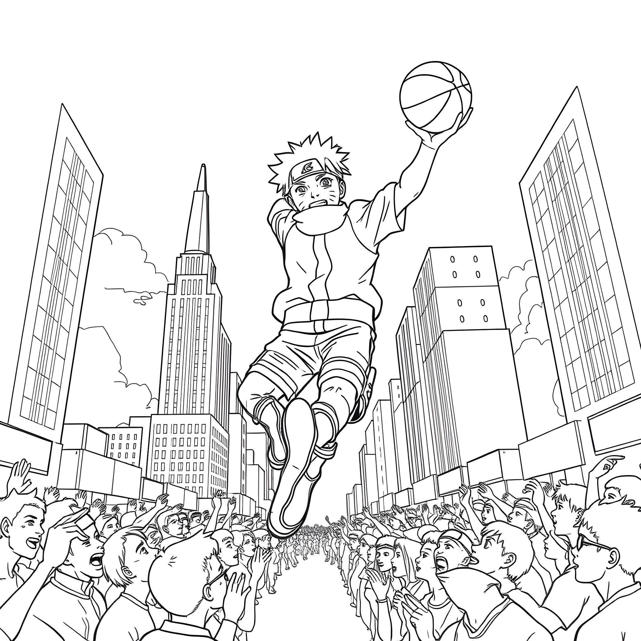 Naruto Performing Basketball Dunk in Crowded City Coloring Page (free black-and-white line drawing printable PDF for all, from beginners to advanced learners, including children, teens, adults, and seniors)