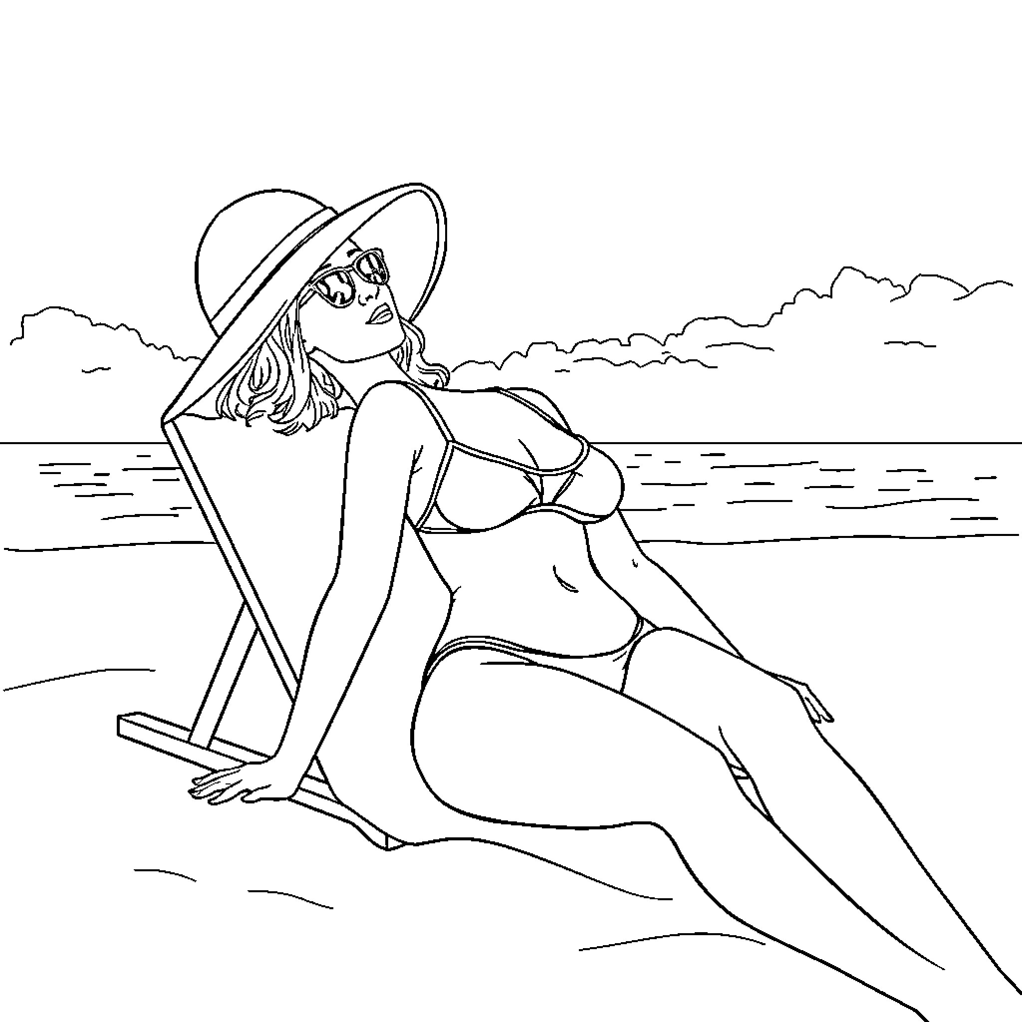 Lady relaxing on the beach under the sun Coloring Page (free black-and-white line drawing printable PDF for all, from beginners to advanced learners, including children, teens, adults, and seniors)