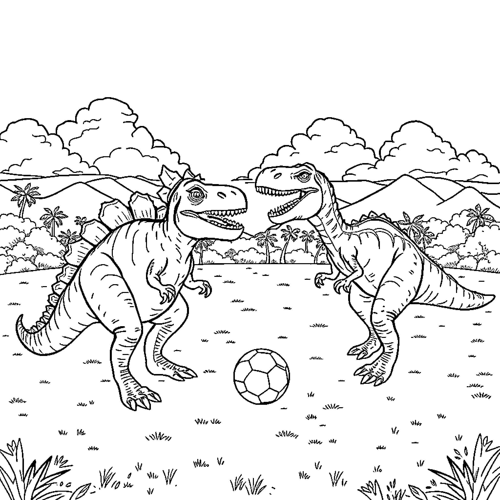 Dinosaurs playing soccer in a tropical landscape Coloring Page (free black-and-white line drawing printable PDF for all, from beginners to advanced learners, including children, teens, adults, and seniors)