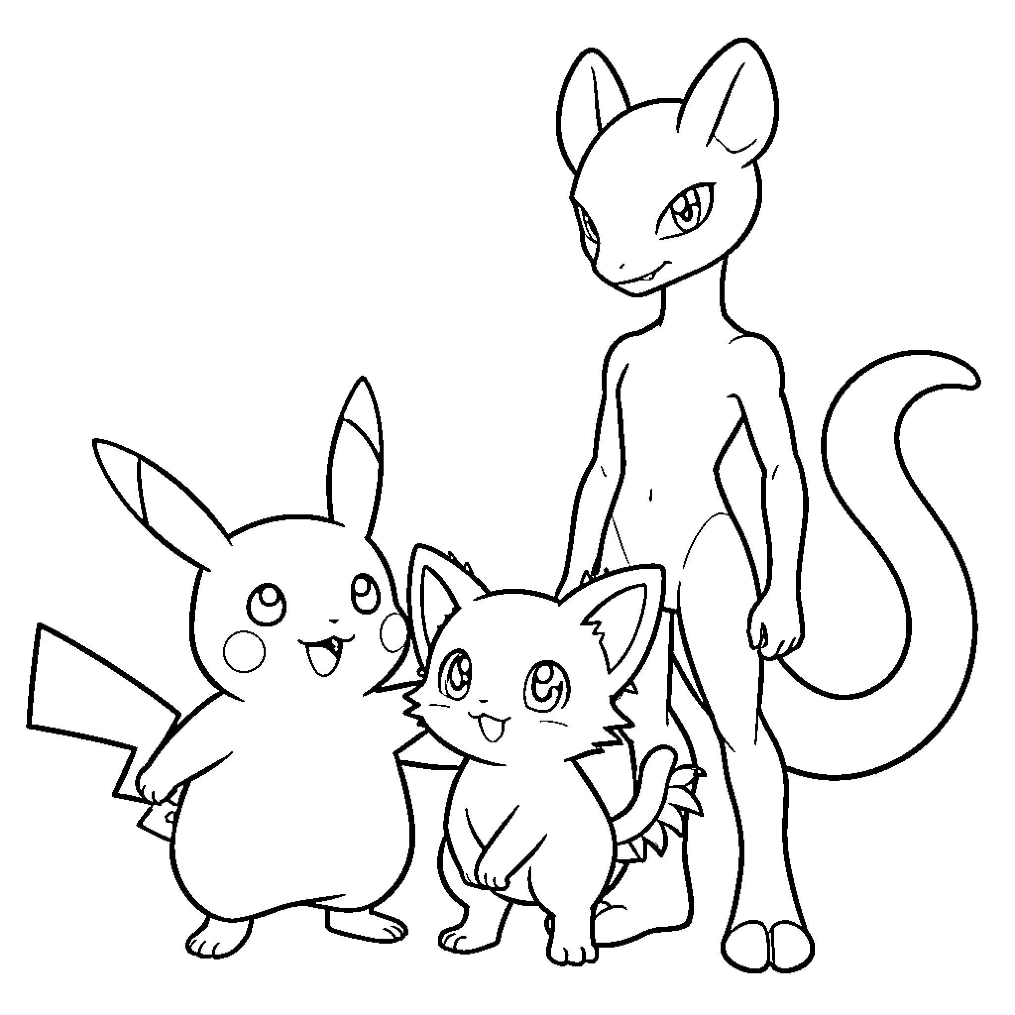 Pikachu posing with Mew and a small kitten Coloring Page (free black-and-white line drawing printable PDF for all, from beginners to advanced learners, including children, teens, adults, and seniors)