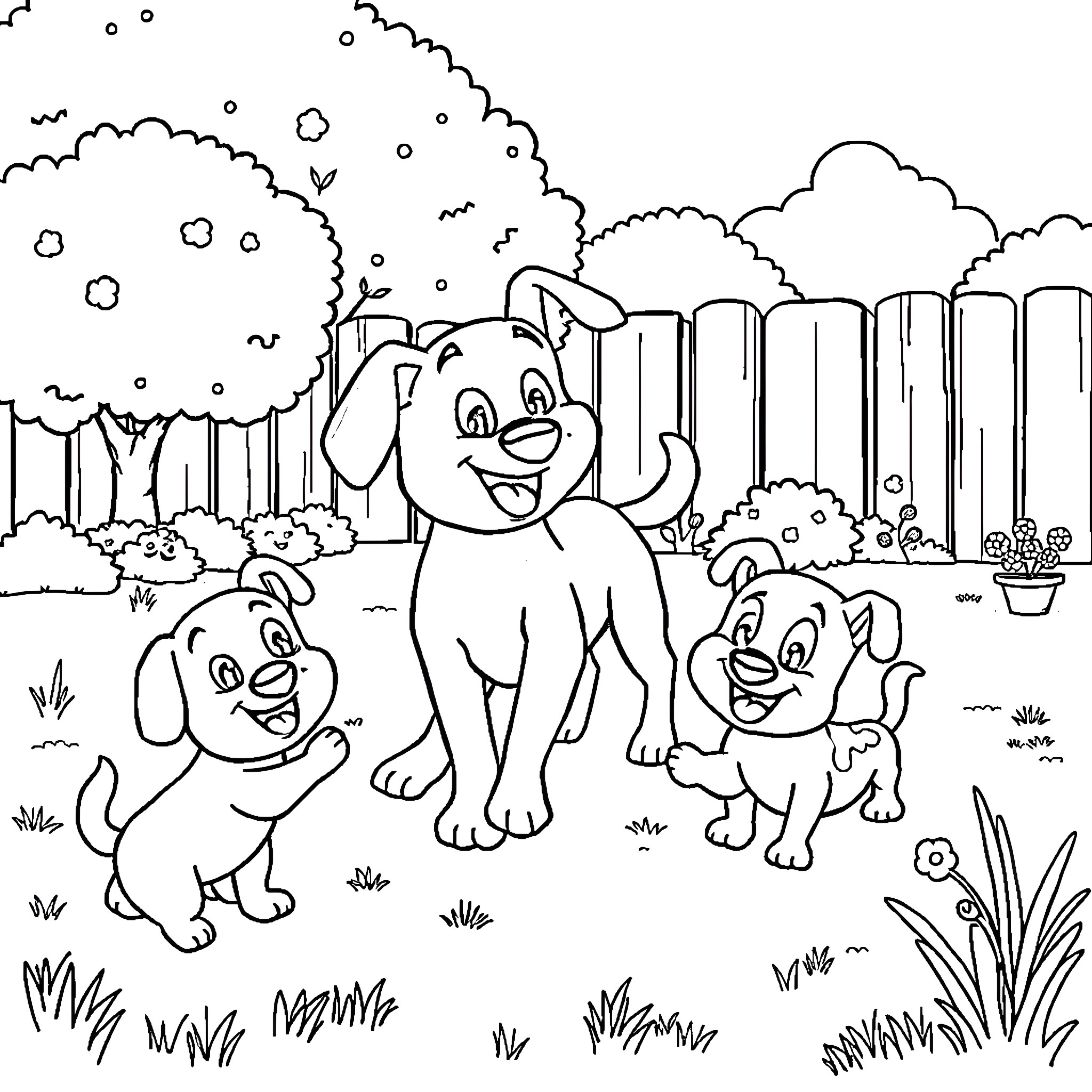Bluey and friends enjoying a playful day outdoors Coloring Page (free black-and-white line drawing printable PDF for all, from beginners to advanced learners, including children, teens, adults, and seniors)