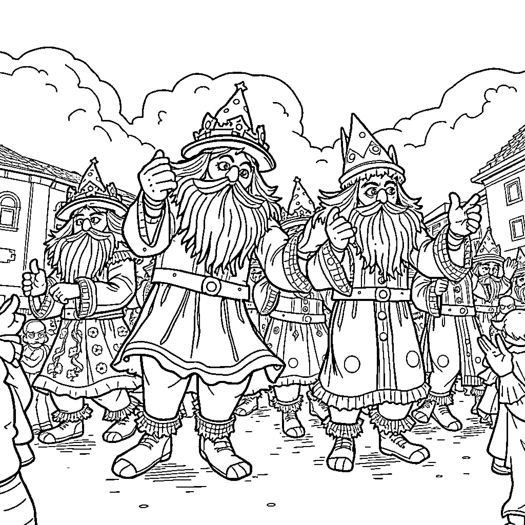 Giant Carnival Celebration with Whimsical Characters Coloring Page (free black-and-white line drawing printable PDF for all, from beginners to advanced learners, including children, teens, adults, and seniors)