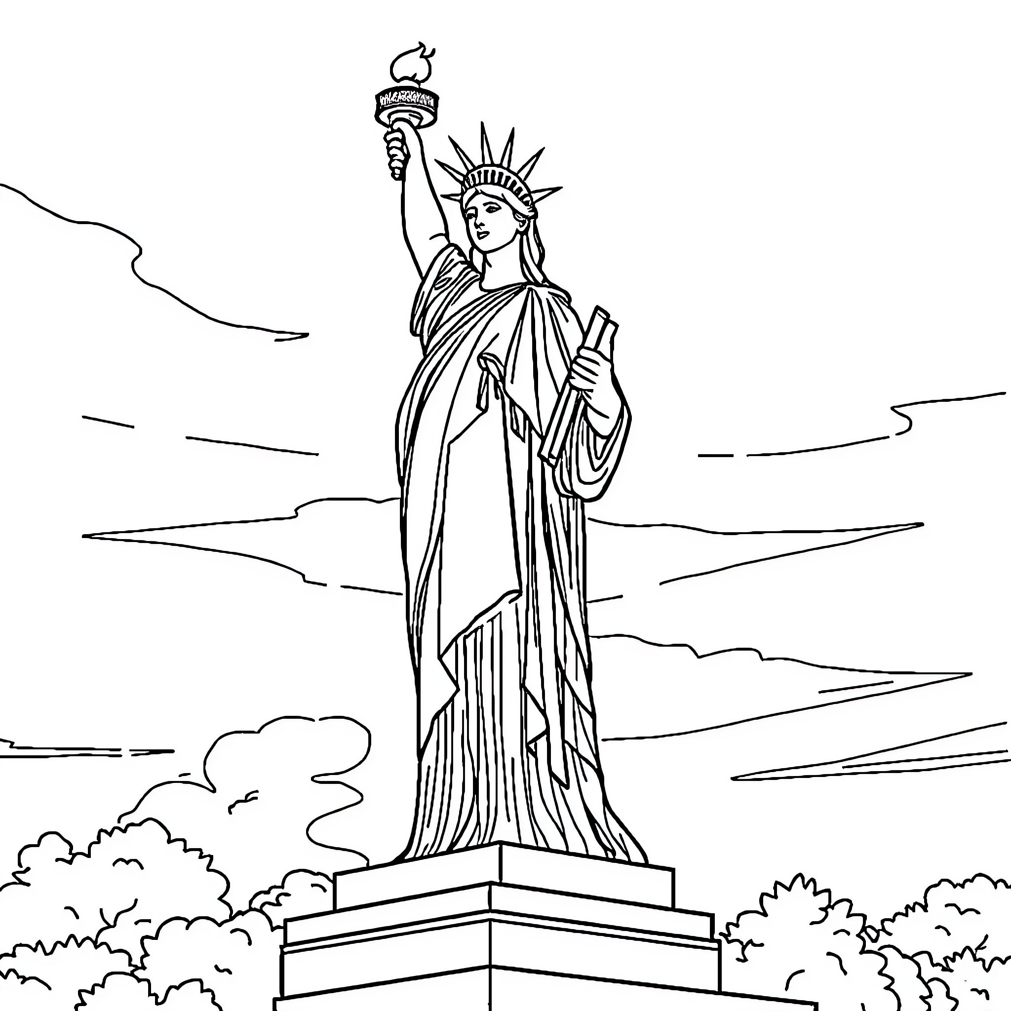 Liberty Guiding the People with Torch and Ideals Coloring Page (free black-and-white line drawing printable PDF for all, from beginners to advanced learners, including children, teens, adults, and seniors)