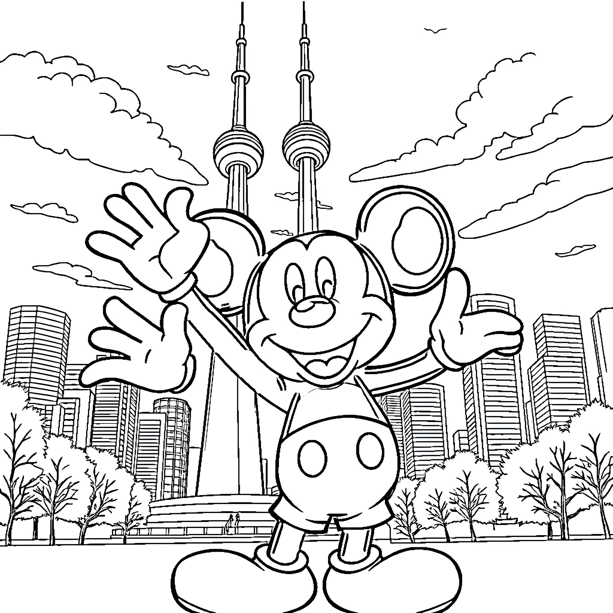 Mickey Mouse exploring the city skyline Coloring Page (free black-and-white line drawing printable PDF for all, from beginners to advanced learners, including children, teens, adults, and seniors)