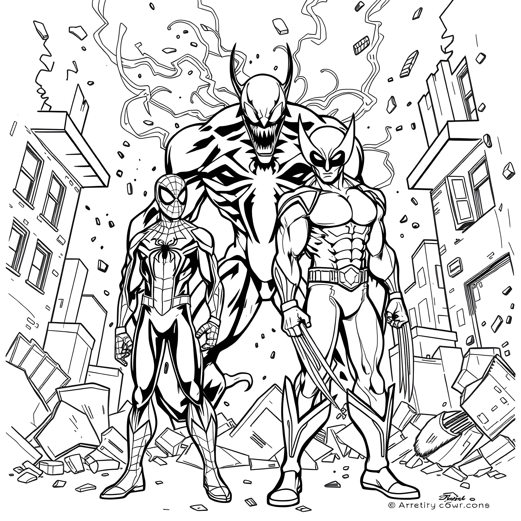 Spider-Man and Superheroes Save the City Coloring Page (free black-and-white line drawing printable PDF for all, from beginners to advanced learners, including children, teens, adults, and seniors)