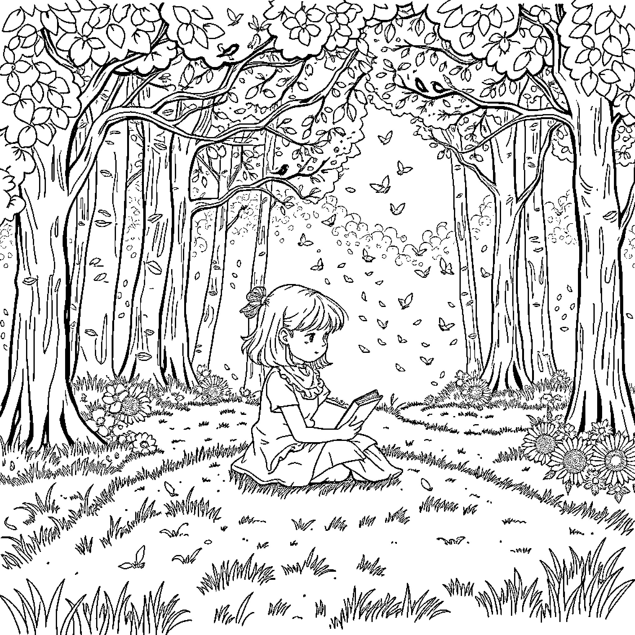 Girl surrounded by butterflies in a flowery forest Coloring Page (free black-and-white line drawing printable PDF for all, from beginners to advanced learners, including children, teens, adults, and seniors)