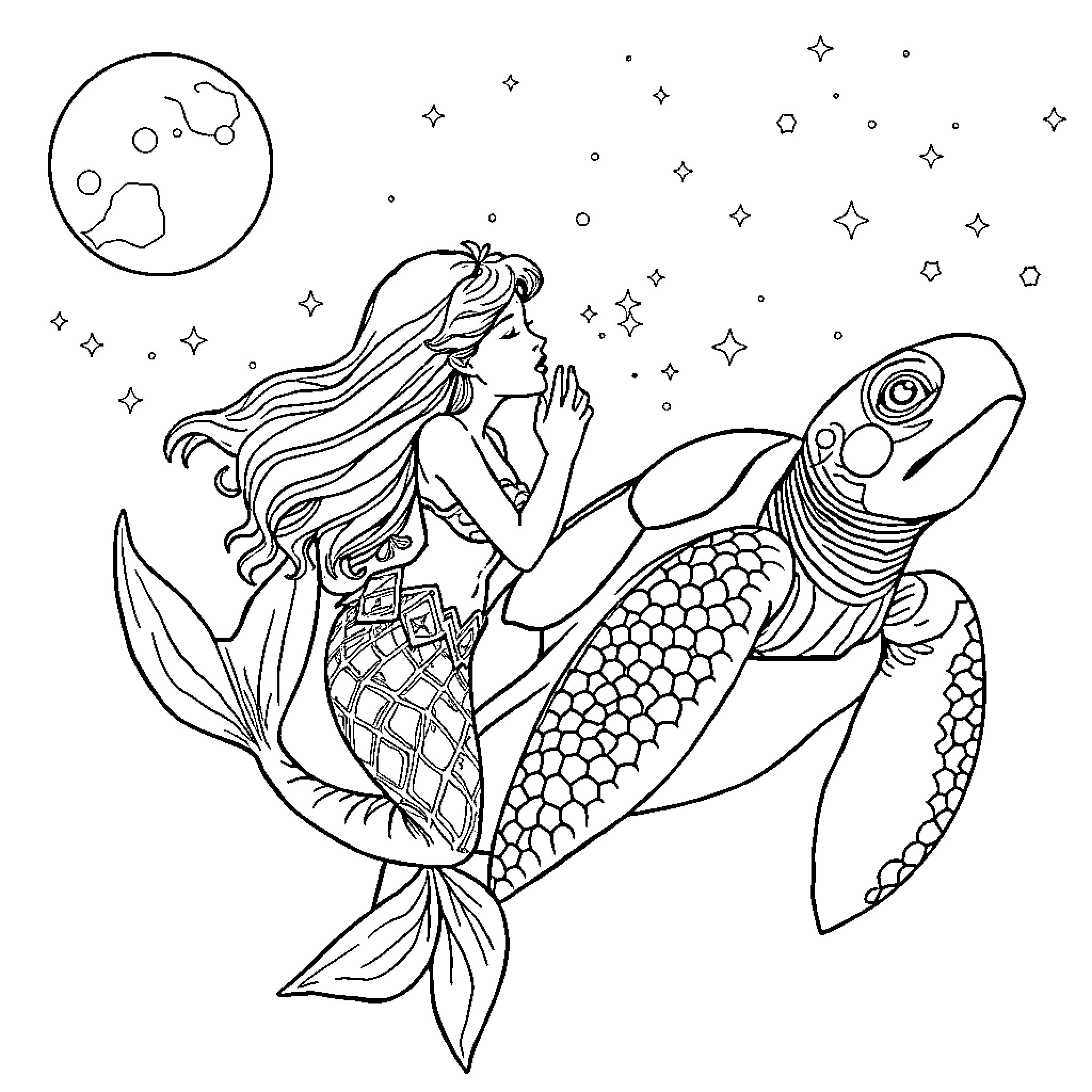 Mermaid swimming among celestial stars and cosmic elements Coloring Page (free black-and-white line drawing printable PDF for all, from beginners to advanced learners, including children, teens, adults, and seniors)