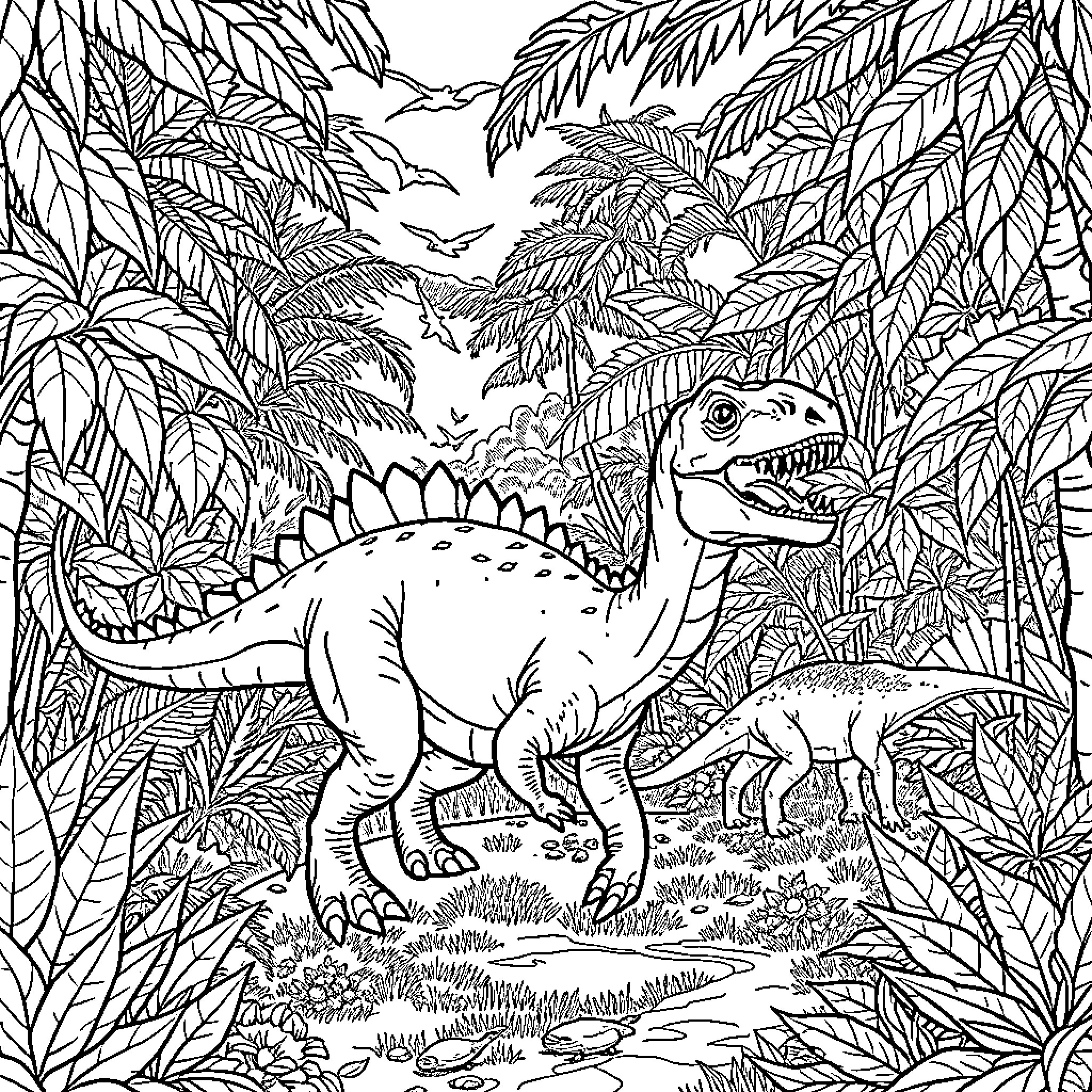 Dinosaur exploring the lush prehistoric jungle Coloring Page (free black-and-white line drawing printable PDF for all, from beginners to advanced learners, including children, teens, adults, and seniors)