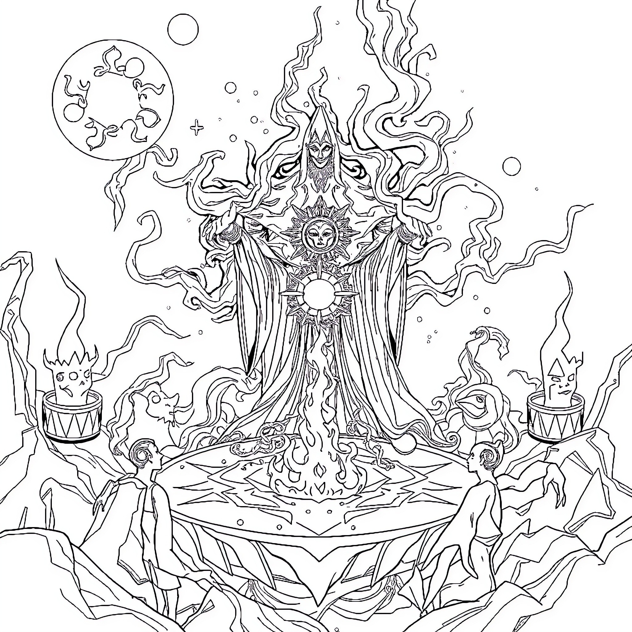 Alchemy of Mystical Transformation Coloring Page (free black-and-white line drawing printable PDF for all, from beginners to advanced learners, including children, teens, adults, and seniors)