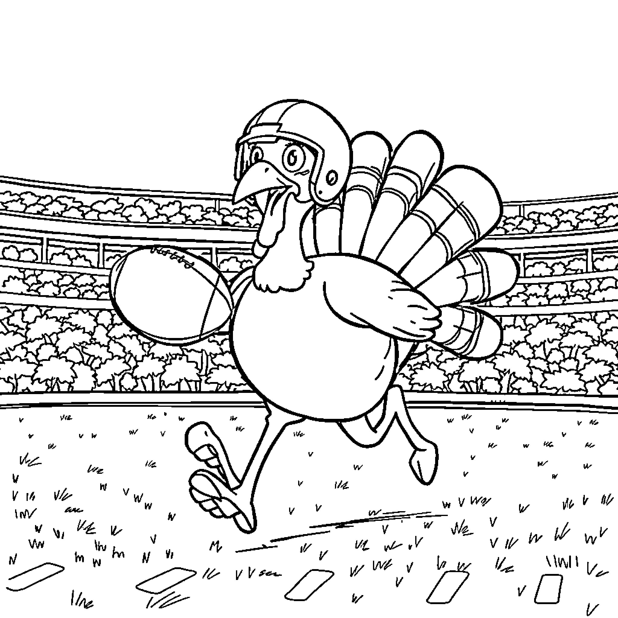 Turkey running excitedly on the field Coloring Page (free black-and-white line drawing printable PDF for all, from beginners to advanced learners, including children, teens, adults, and seniors)