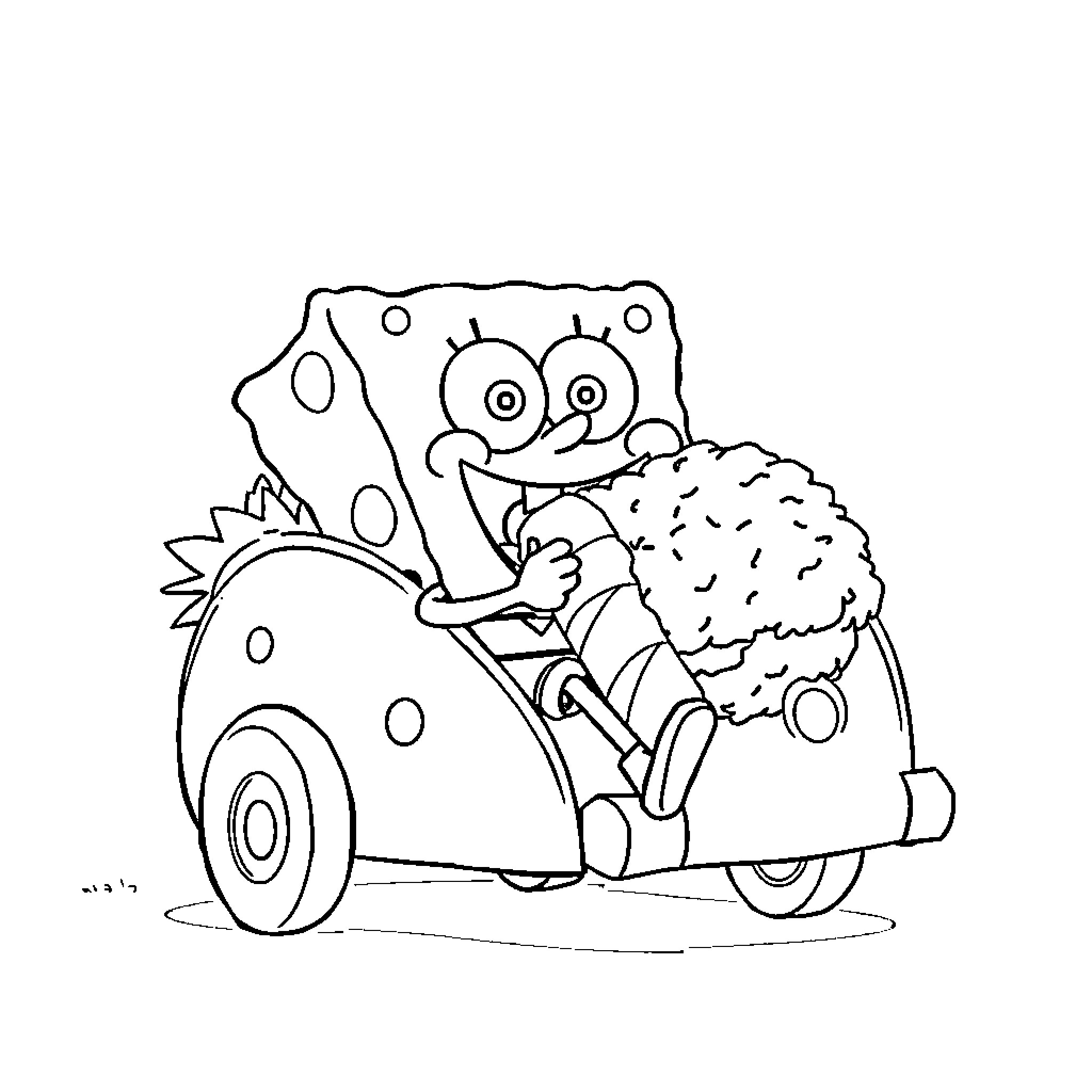 Spongebob driving a fun and quirky vehicle Coloring Page (free black-and-white line drawing printable PDF for all, from beginners to advanced learners, including children, teens, adults, and seniors)