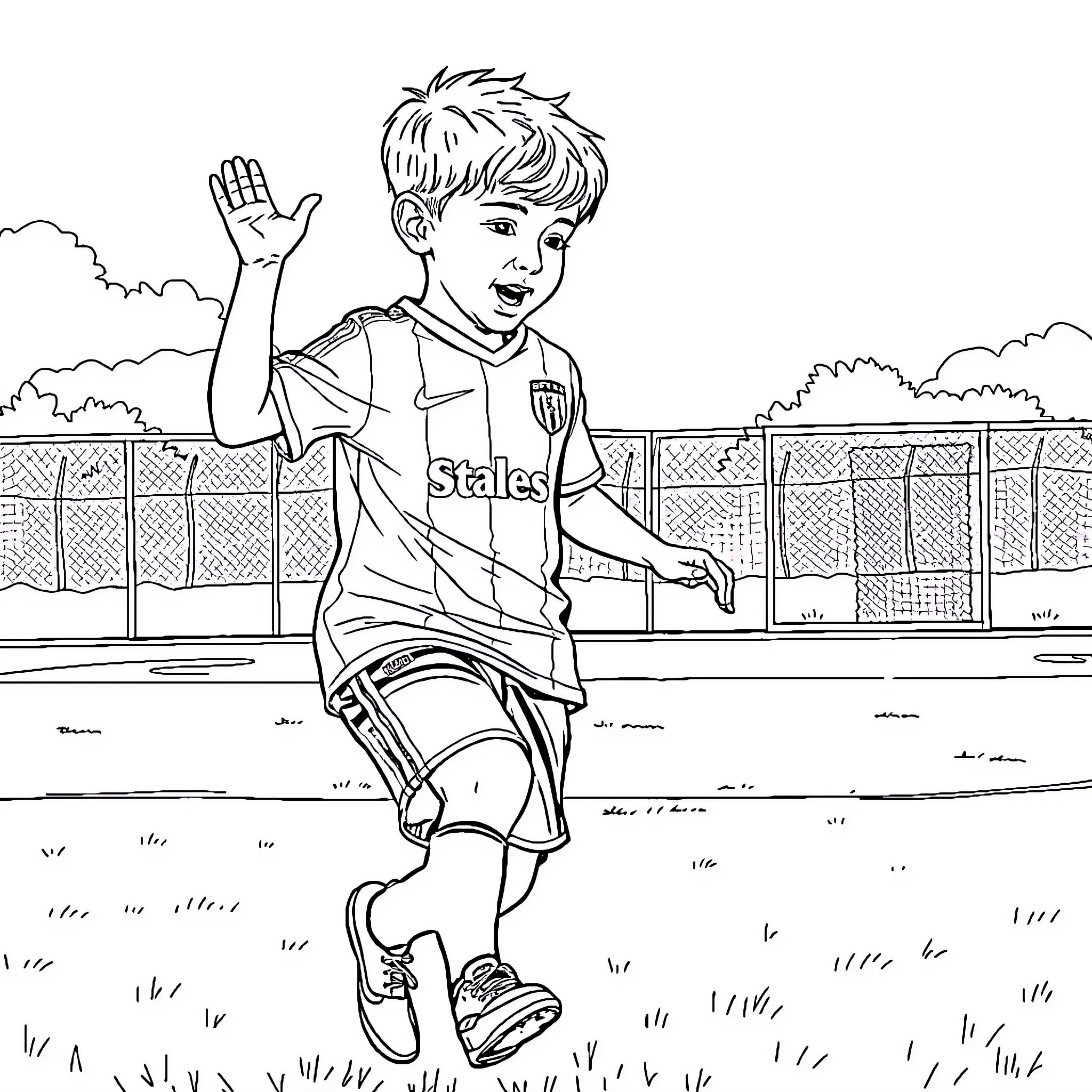 Enfant joyeux jouant au football sur le terrain Coloring Page (free black-and-white line drawing printable PDF for all, from beginners to advanced learners, including children, teens, adults, and seniors)