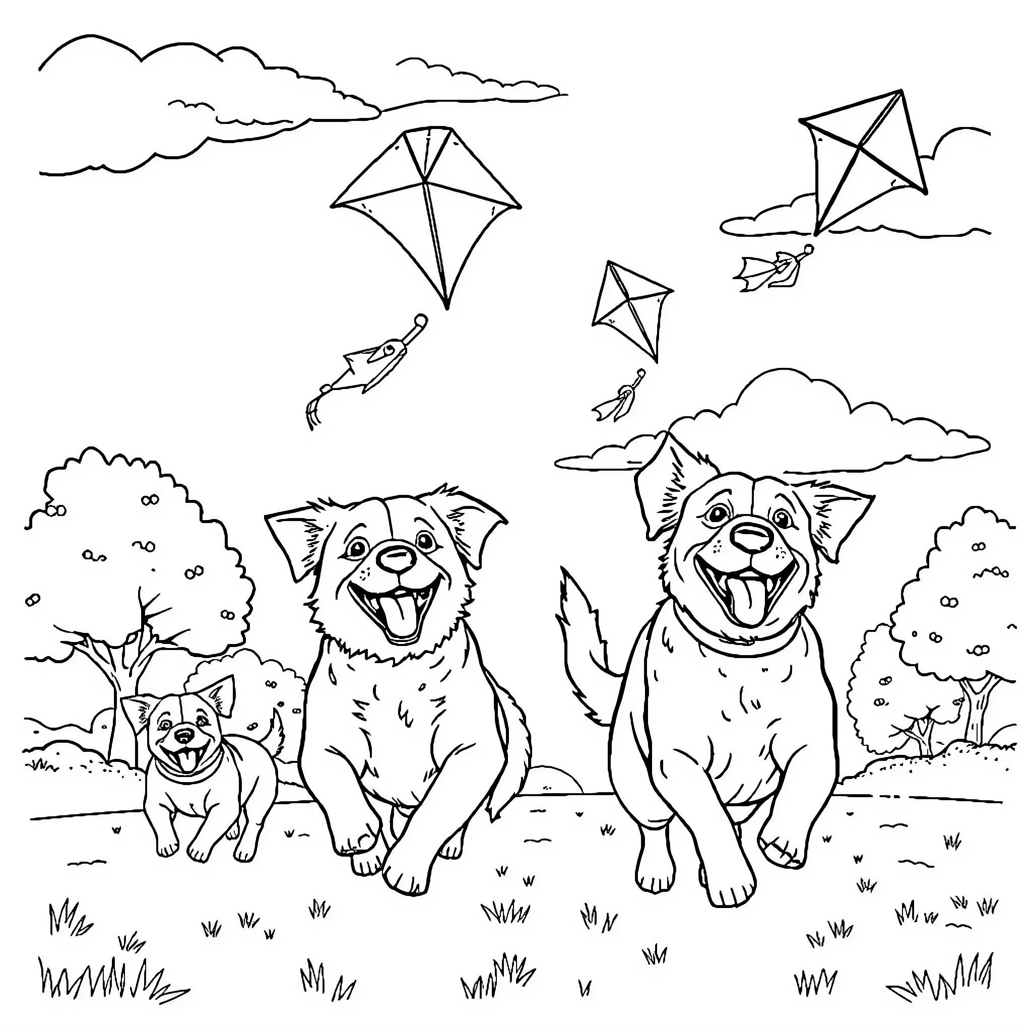Dogs playing with kites in the park Coloring Page (free black-and-white line drawing printable PDF for all, from beginners to advanced learners, including children, teens, adults, and seniors)