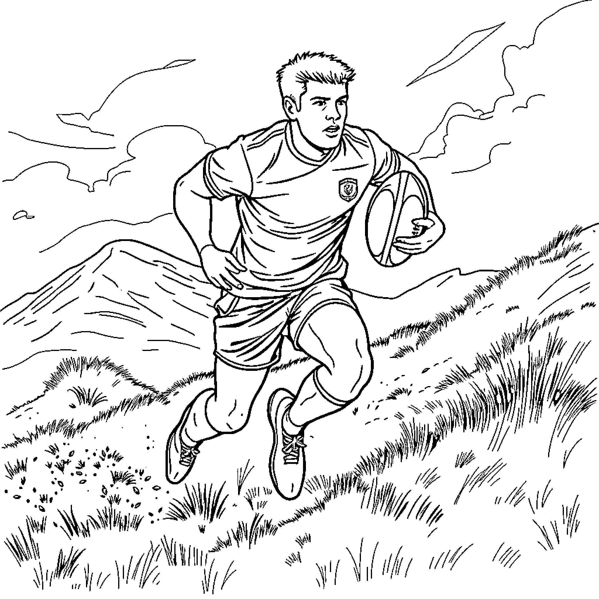 Rugby Player Running Through the Countryside Coloring Page (free black-and-white line drawing printable PDF for all, from beginners to advanced learners, including children, teens, adults, and seniors)