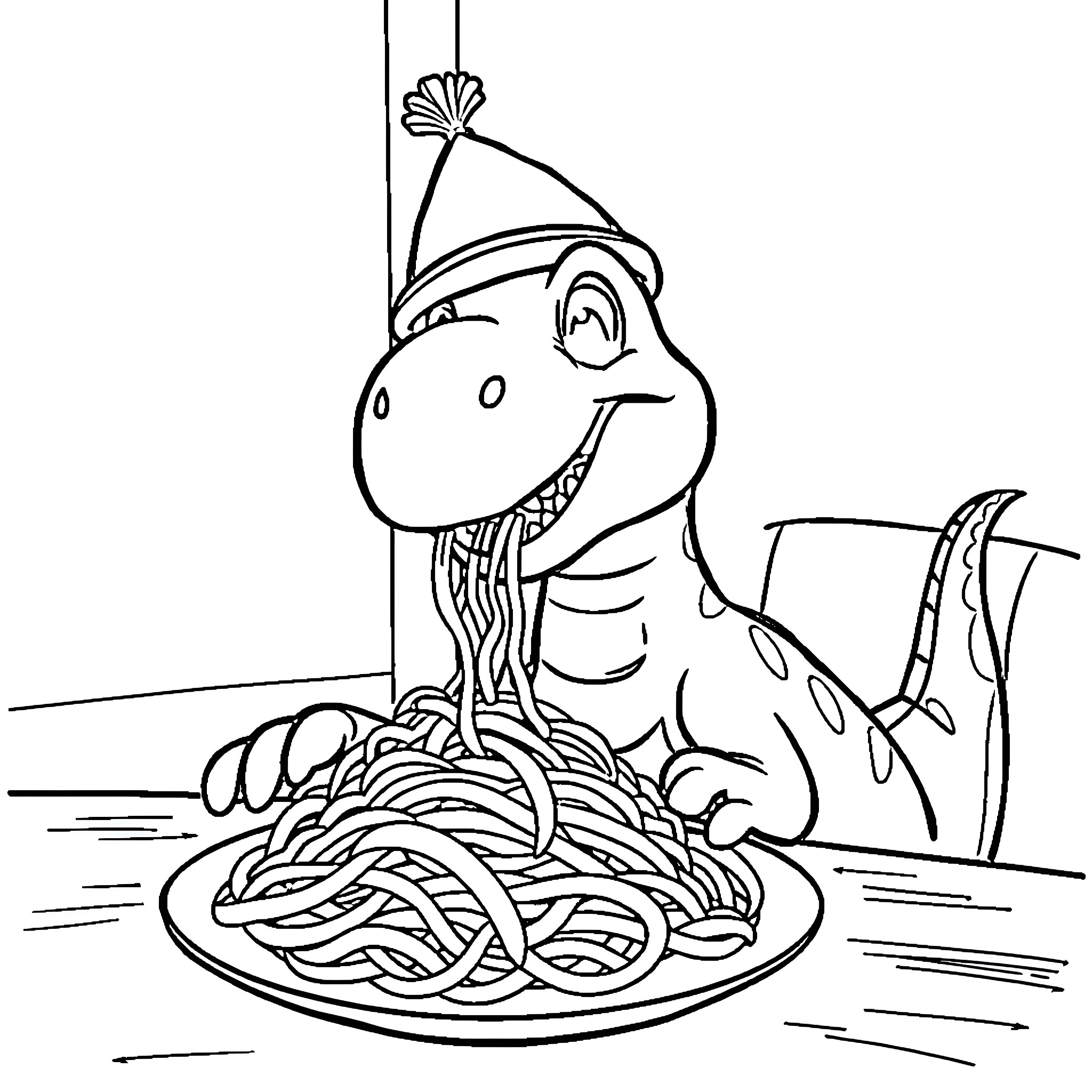 Dinosaur eating spaghetti in a whimsical setting Coloring Page (free black-and-white line drawing printable PDF for all, from beginners to advanced learners, including children, teens, adults, and seniors)
