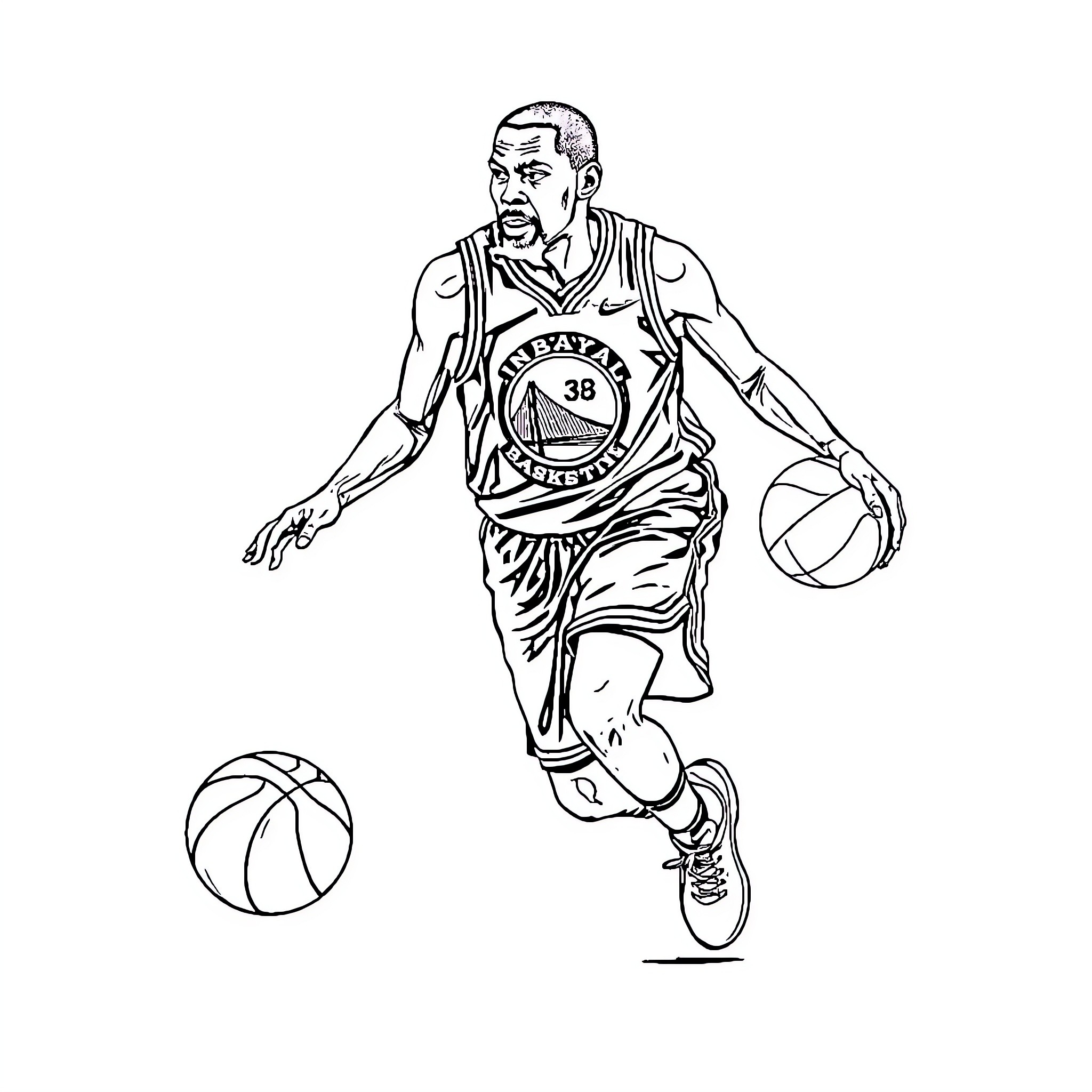 Kevin Durant Dribbling Basketball in Action Coloring Page (free black-and-white line drawing printable PDF for all, from beginners to advanced learners, including children, teens, adults, and seniors)