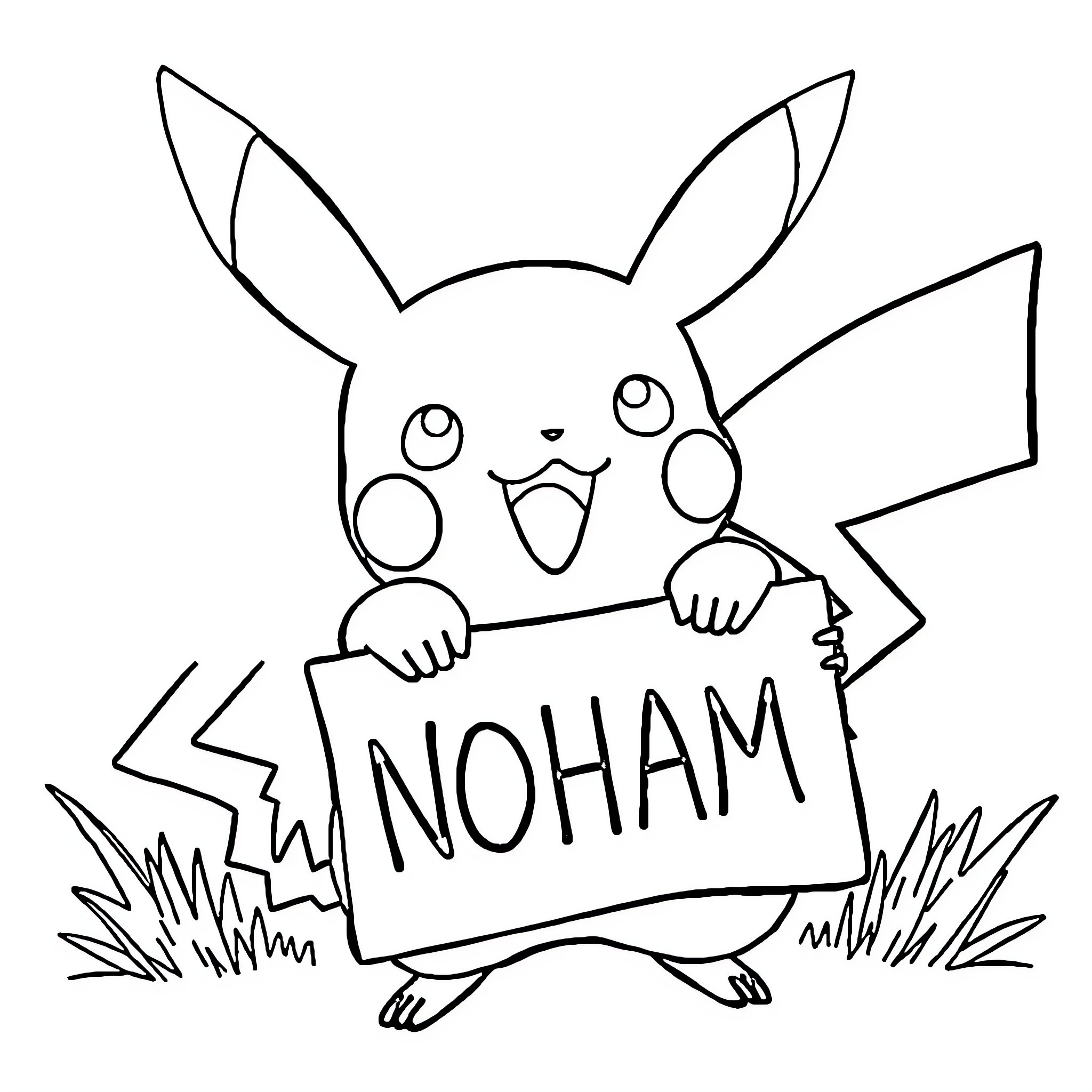 Pikachu holding 'NOHAM' sign with expression Coloring Page (free black-and-white line drawing printable PDF for all, from beginners to advanced learners, including children, teens, adults, and seniors)